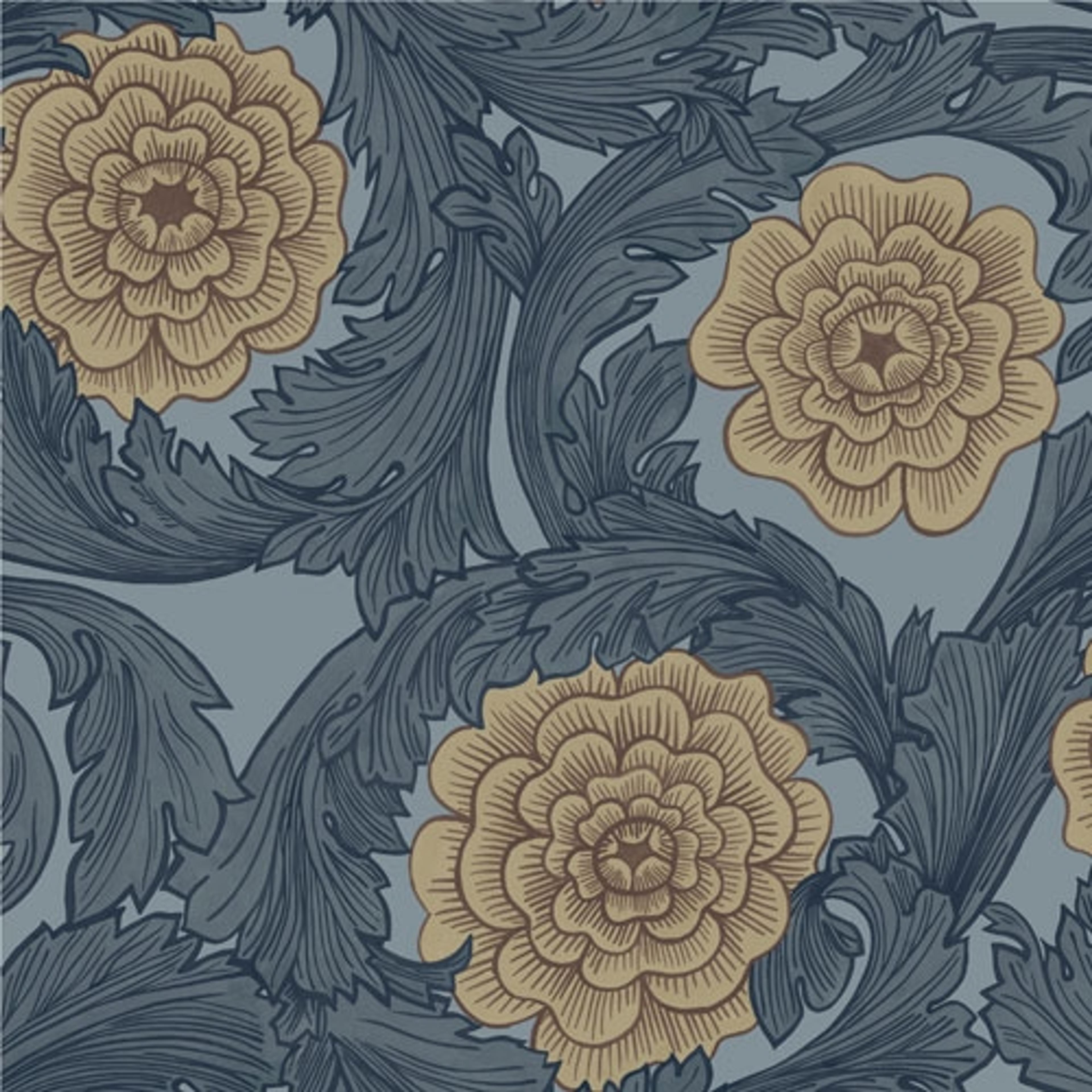 Rosa storblommig, blå tapet från Midbec med botaniskt mönster i blå. Från kollektionen Blomstermåla. Nonwoven-material med förskjuten passning.