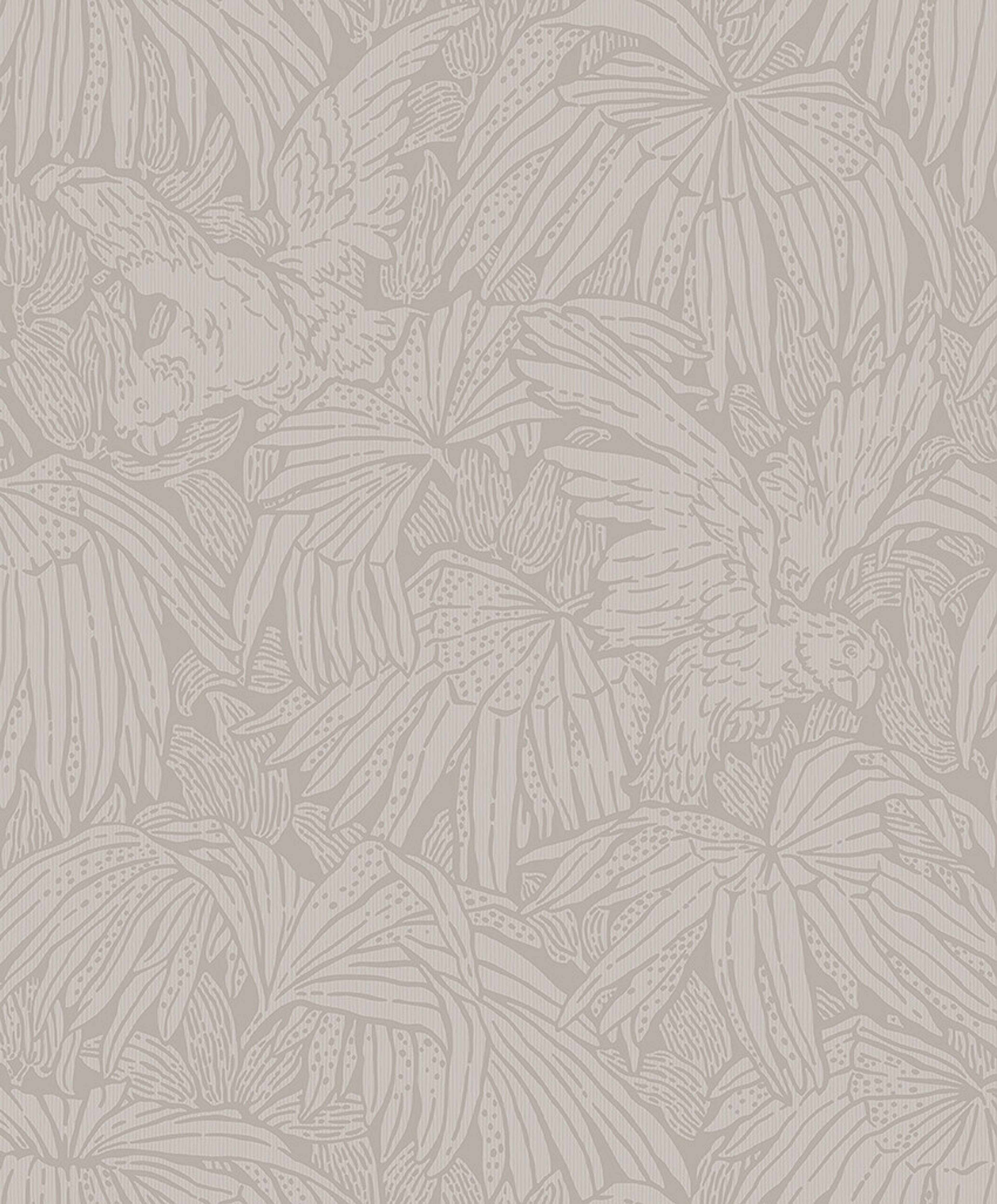 Hidden Parrot grå tapet med djur, botaniskt mönster i beige. Från kollektionen Treasured. Nonwoven-material med förskjuten passning. Passar i kök, hall och arbetsrum.