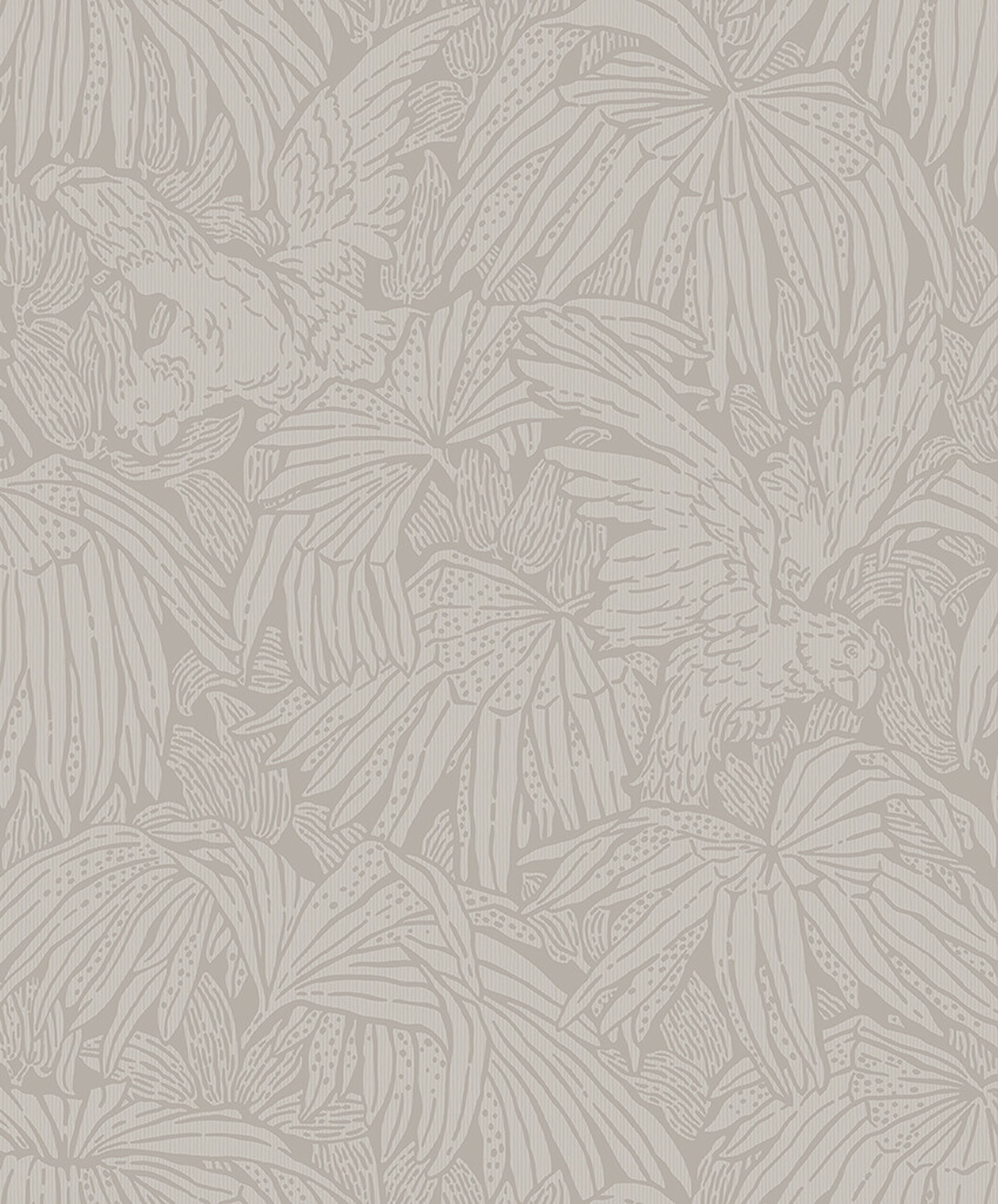 Hidden Parrot grå tapet med djur, botaniskt mönster i beige. Från kollektionen Treasured. Nonwoven-material med förskjuten passning. Passar i kök, hall och arbetsrum.