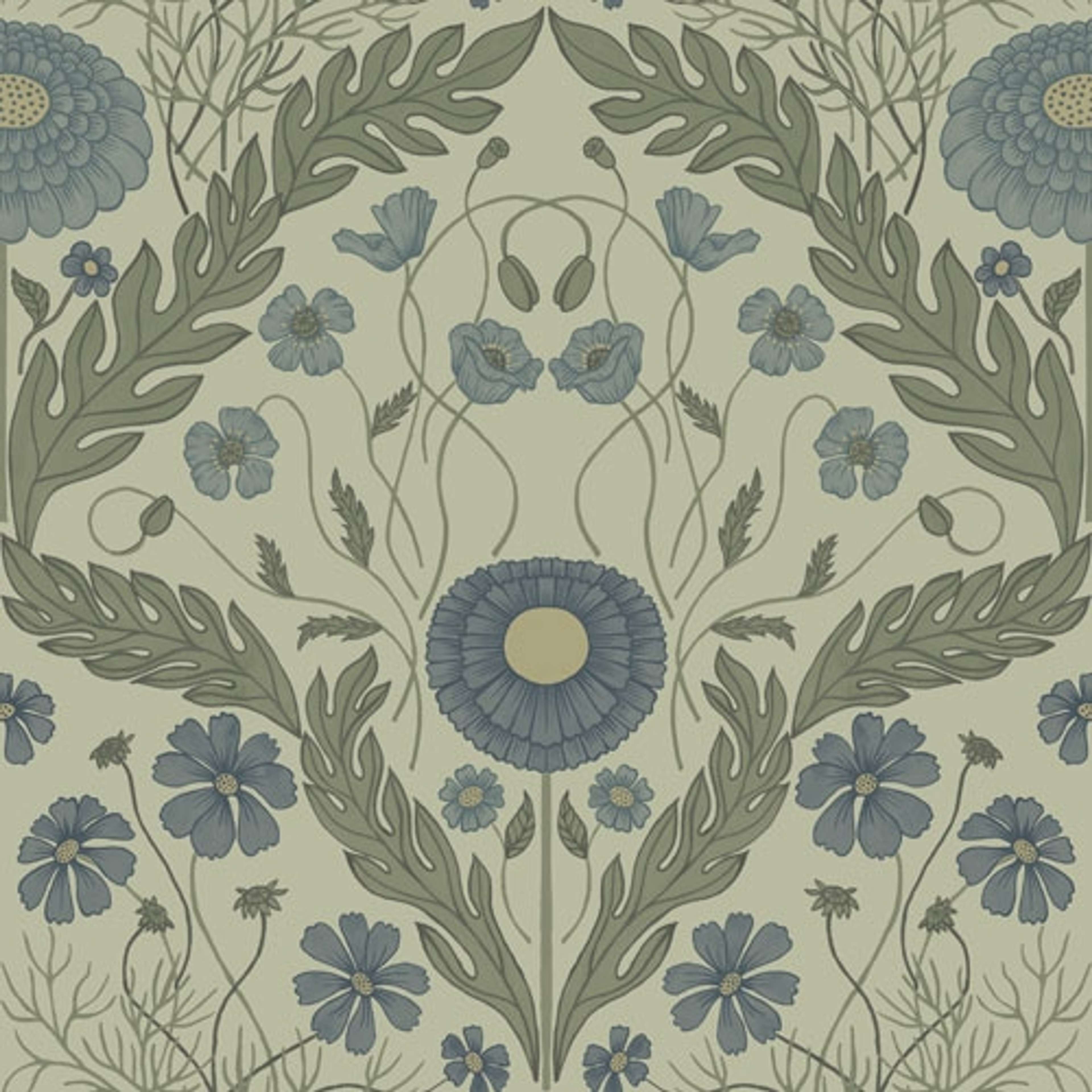 Marguerite storblommig, ljusgrön tapet från Midbec med blommigt mönster i grön. Från kollektionen Blomstermåla. Nonwoven-material med rak passning.