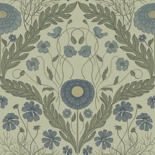 Marguerite storblommig, ljusgrön tapet från Midbec med blommigt mönster i grön. Från kollektionen Blomstermåla. Nonwoven-material med rak passning.