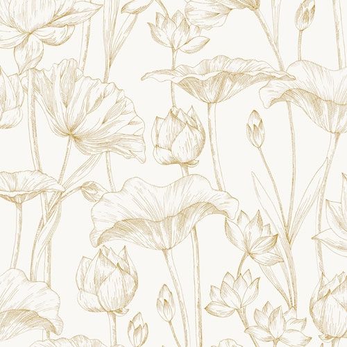 Lotus gold tapet med blommigt mönster i vit. Från kollektionen lotus. Nonwoven-material med förskjuten passning.