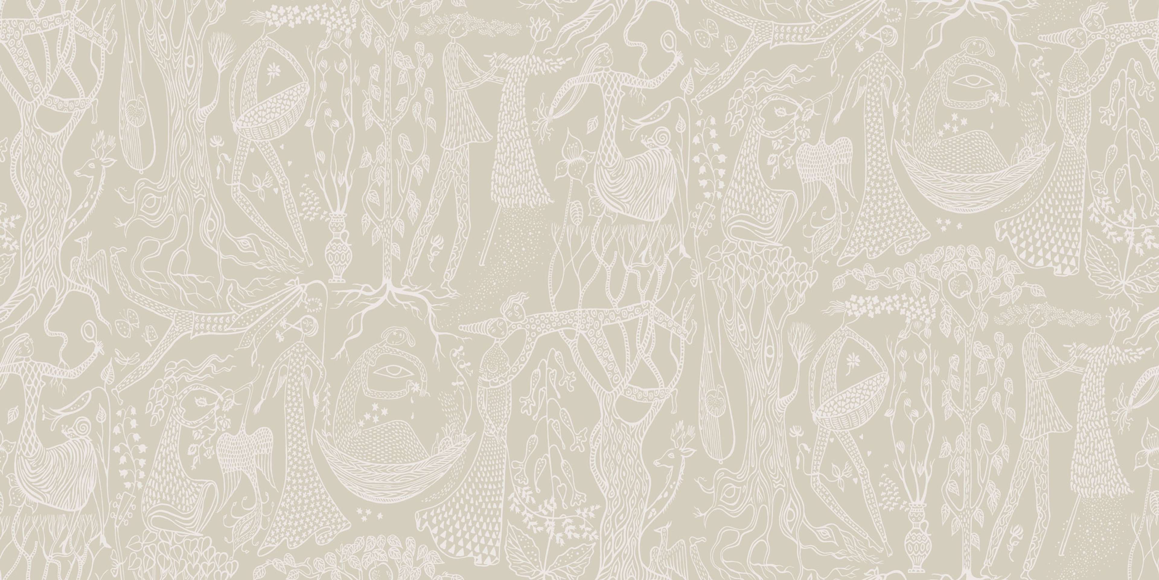 Poème d´amour, beige tapet från Boråstapeter med grafiskt, retro mönster i vit och beige. Från kollektionen Scandinavian Designers II. Nonwoven-material med förskjuten passning.