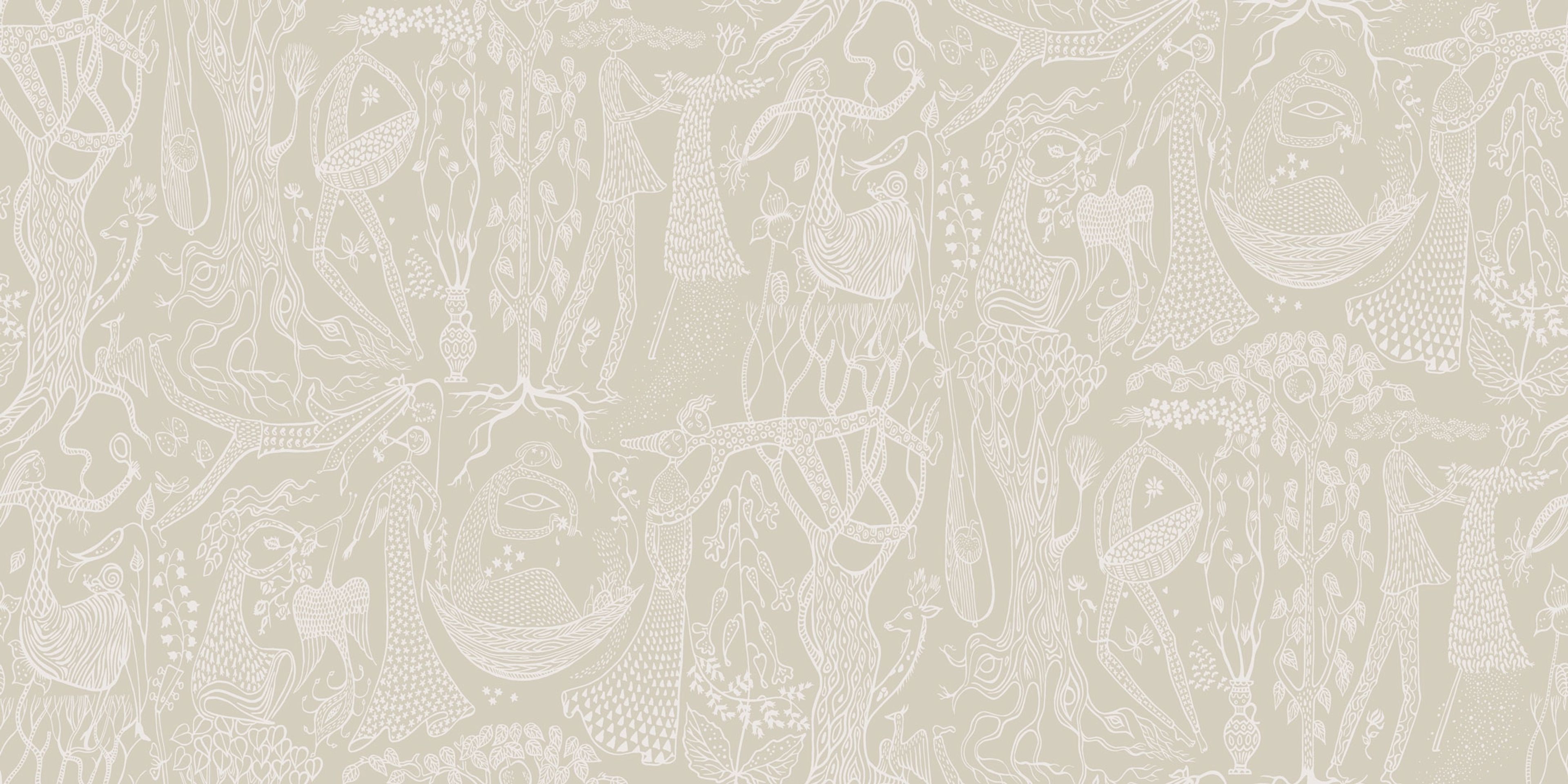 Poème d´amour, beige tapet från Boråstapeter med grafiskt, retro mönster i vit och beige. Från kollektionen Scandinavian Designers II. Nonwoven-material med förskjuten passning.