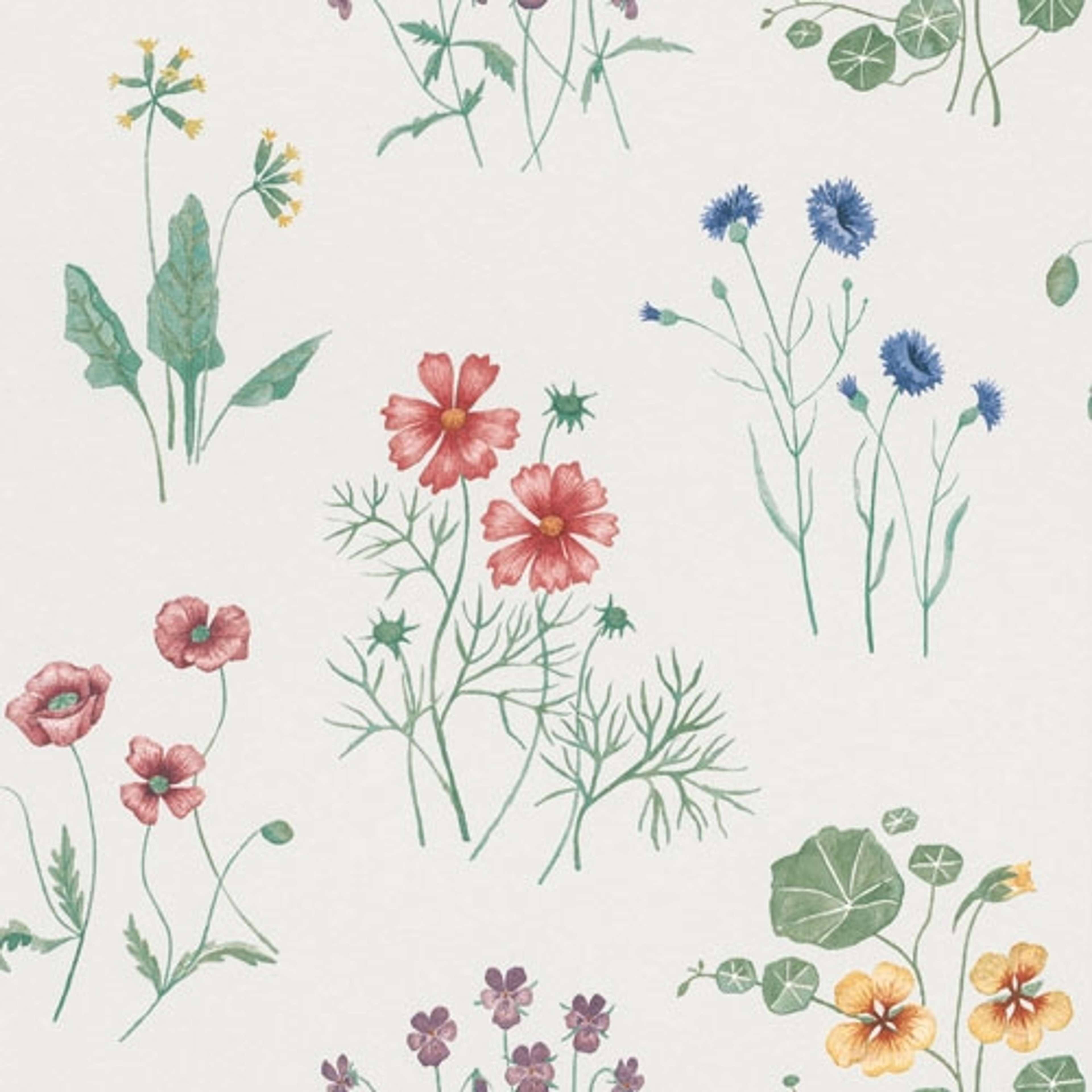 Maj sommarblommor i blått, lila, rött och orange tapet från Midbec med blommigt mönster i vit. Från kollektionen Morgongåva. Nonwoven-material med förskjuten passning.