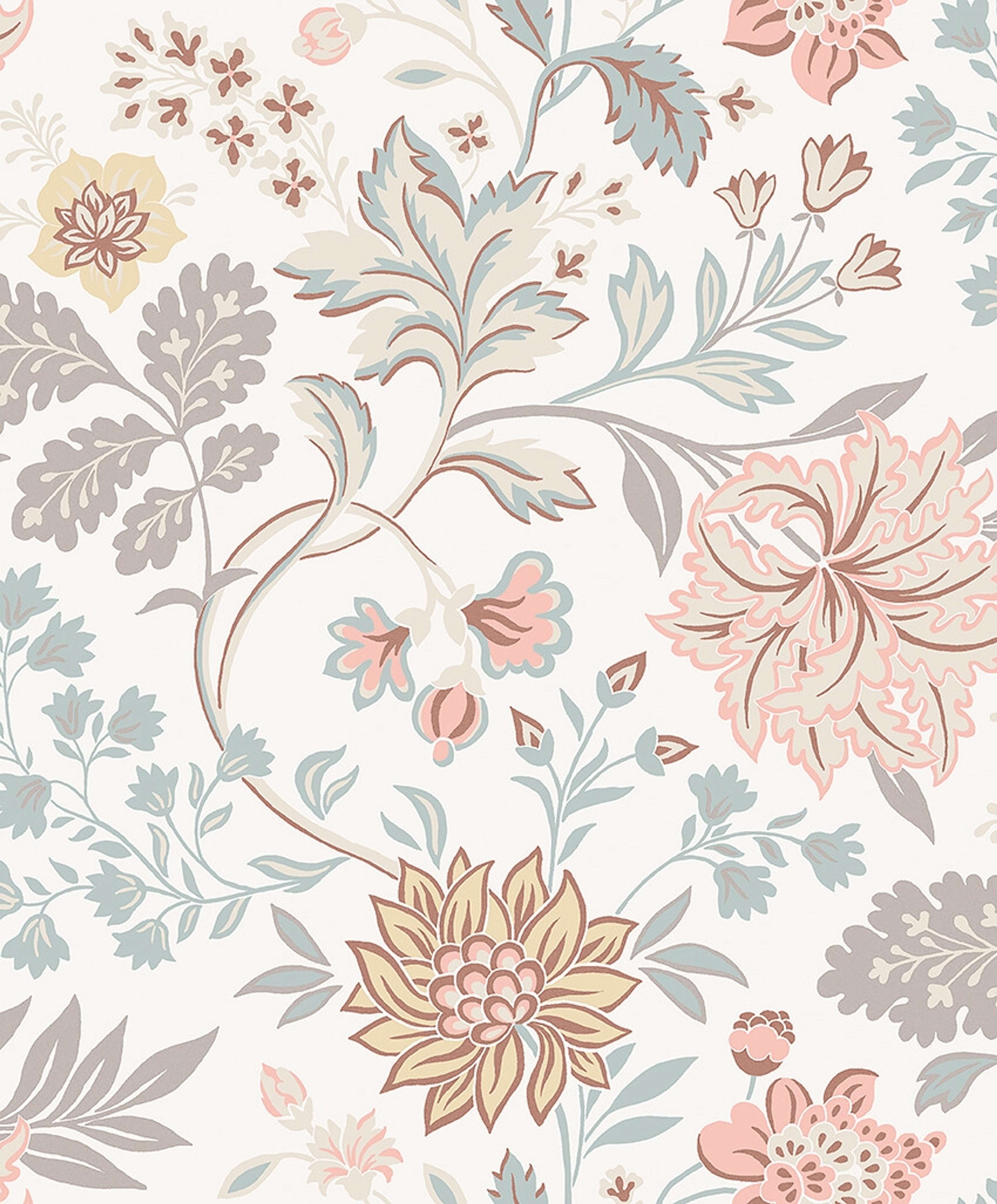 Alicia, blekgul/ljusgrön tapet med blommigt mönster i grön. Från kollektionen Vårt Arkiv. Nonwoven-material med förskjuten passning.