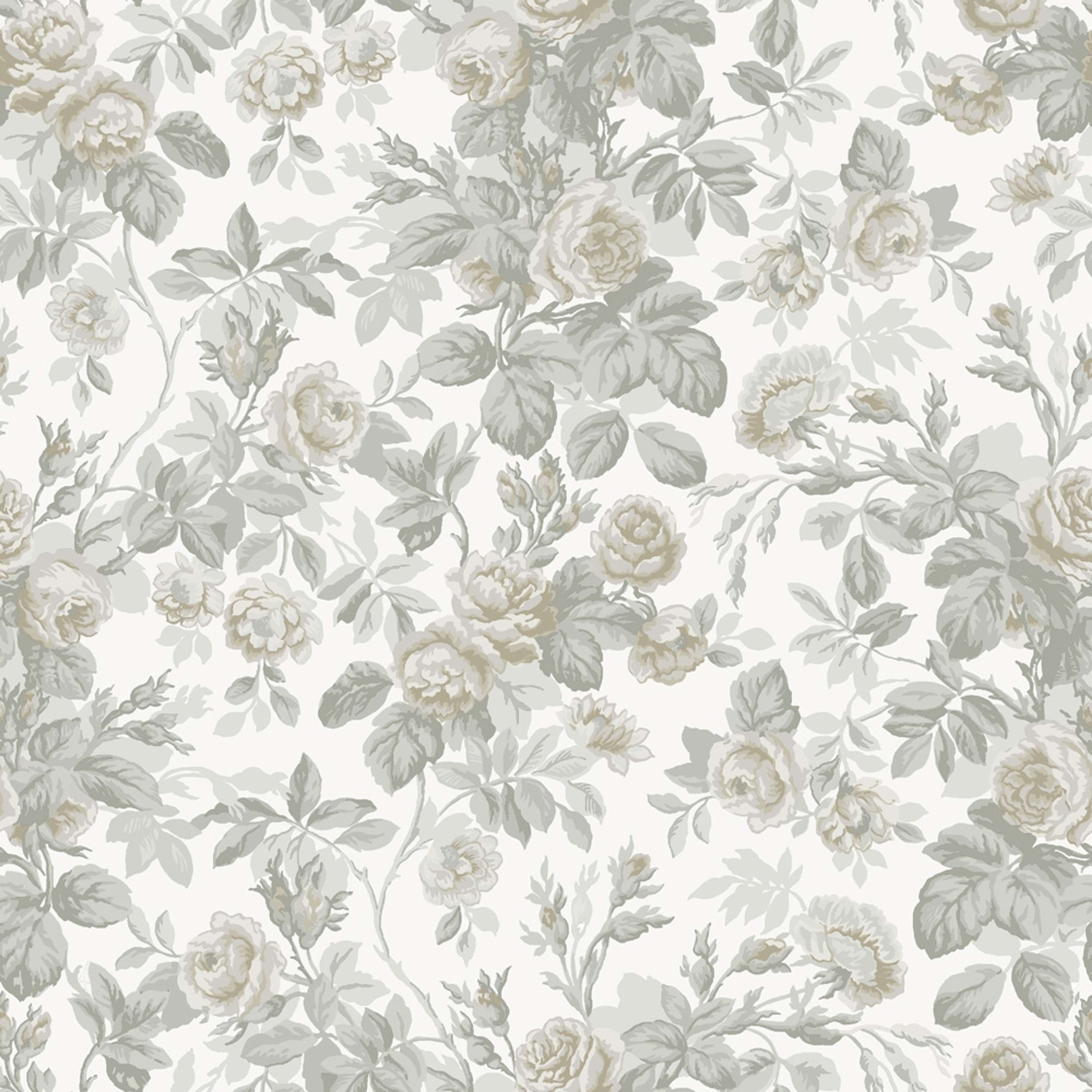 Rosdalen grå, tapet tapet med blommigt mönster i vit och grå. Från kollektionen Sommaräng. Nonwoven-material med rak passning.