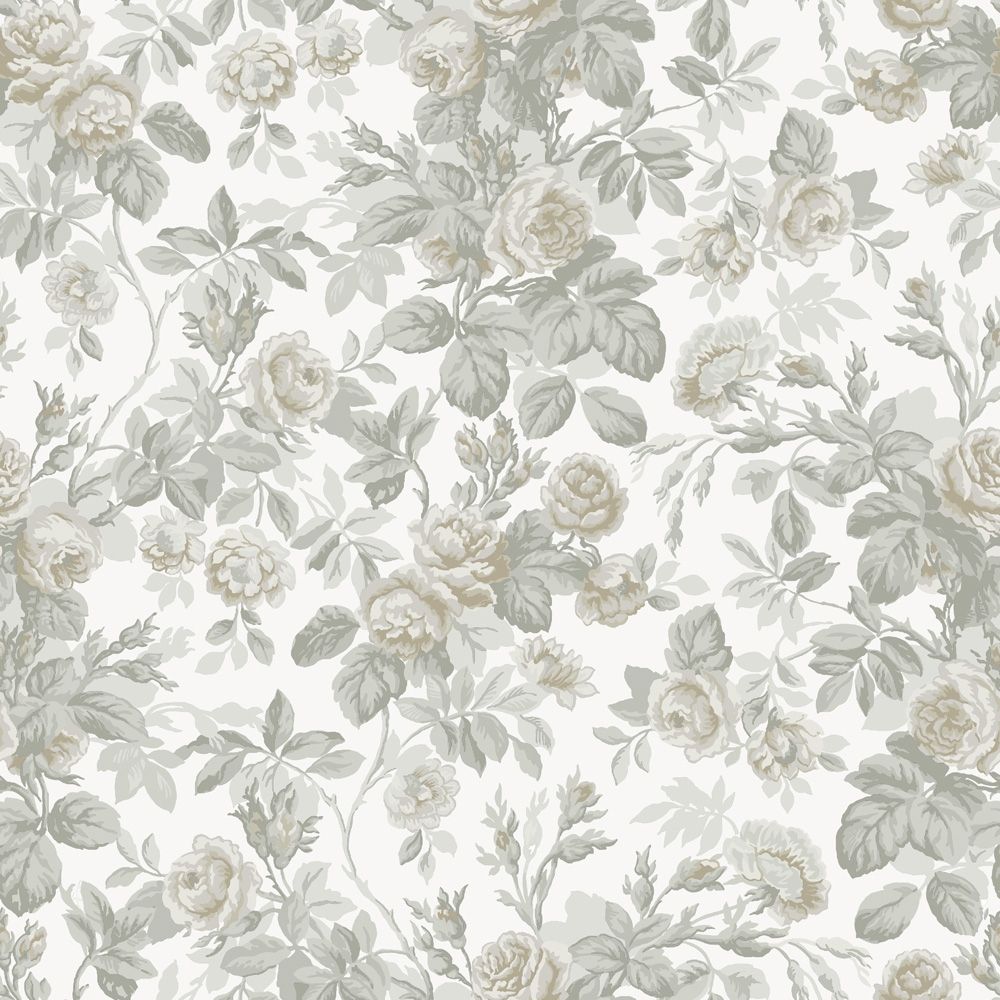 Rosdalen grå, tapet tapet med blommigt mönster i vit och grå. Från kollektionen Sommaräng. Nonwoven-material med rak passning.