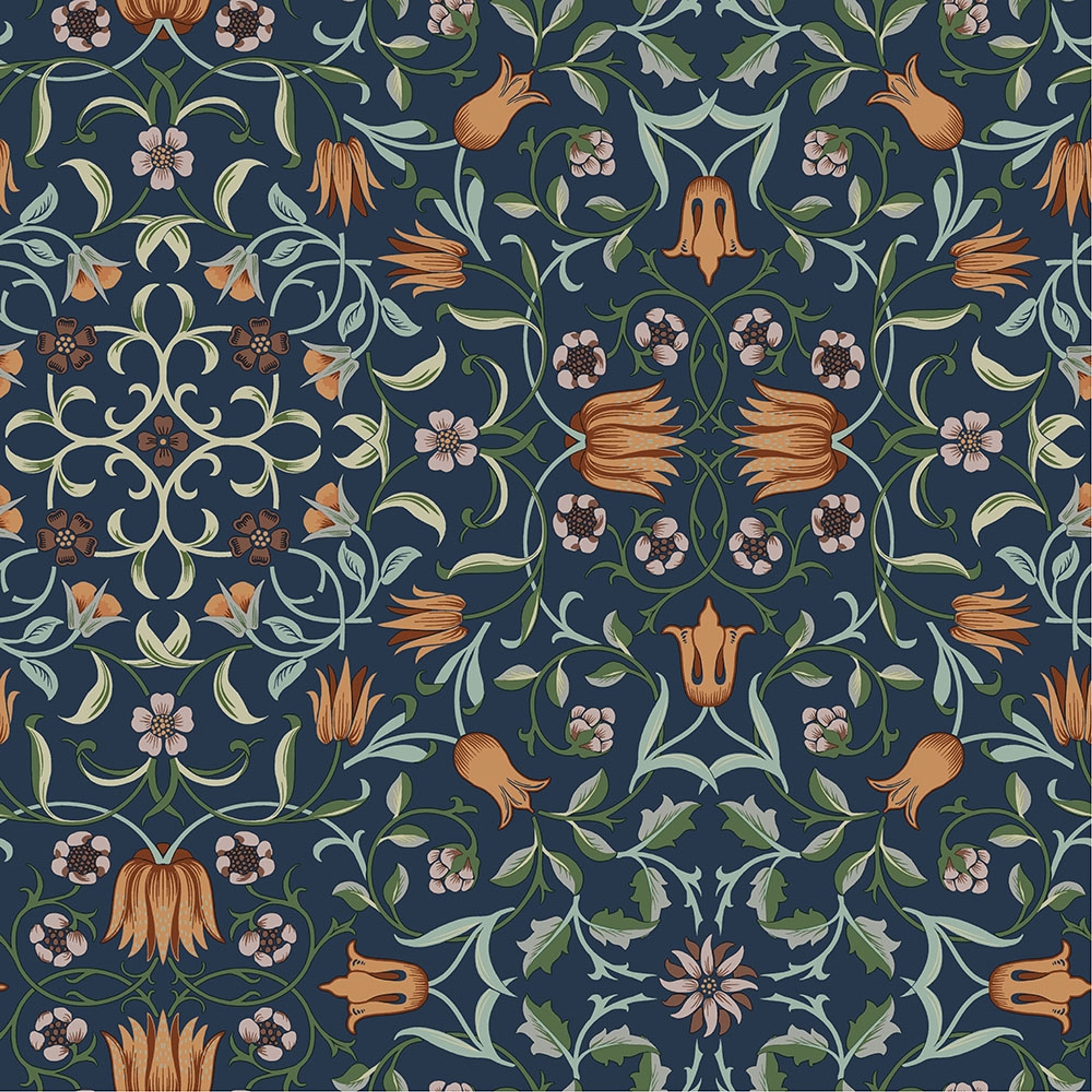 No 1 Holland Park, mörkblå tapet tapet från Midbec med botaniskt, blommigt mönster i blå. Från kollektionen Hidden Treasures vol 1. Nonwoven-material med rak passning.
