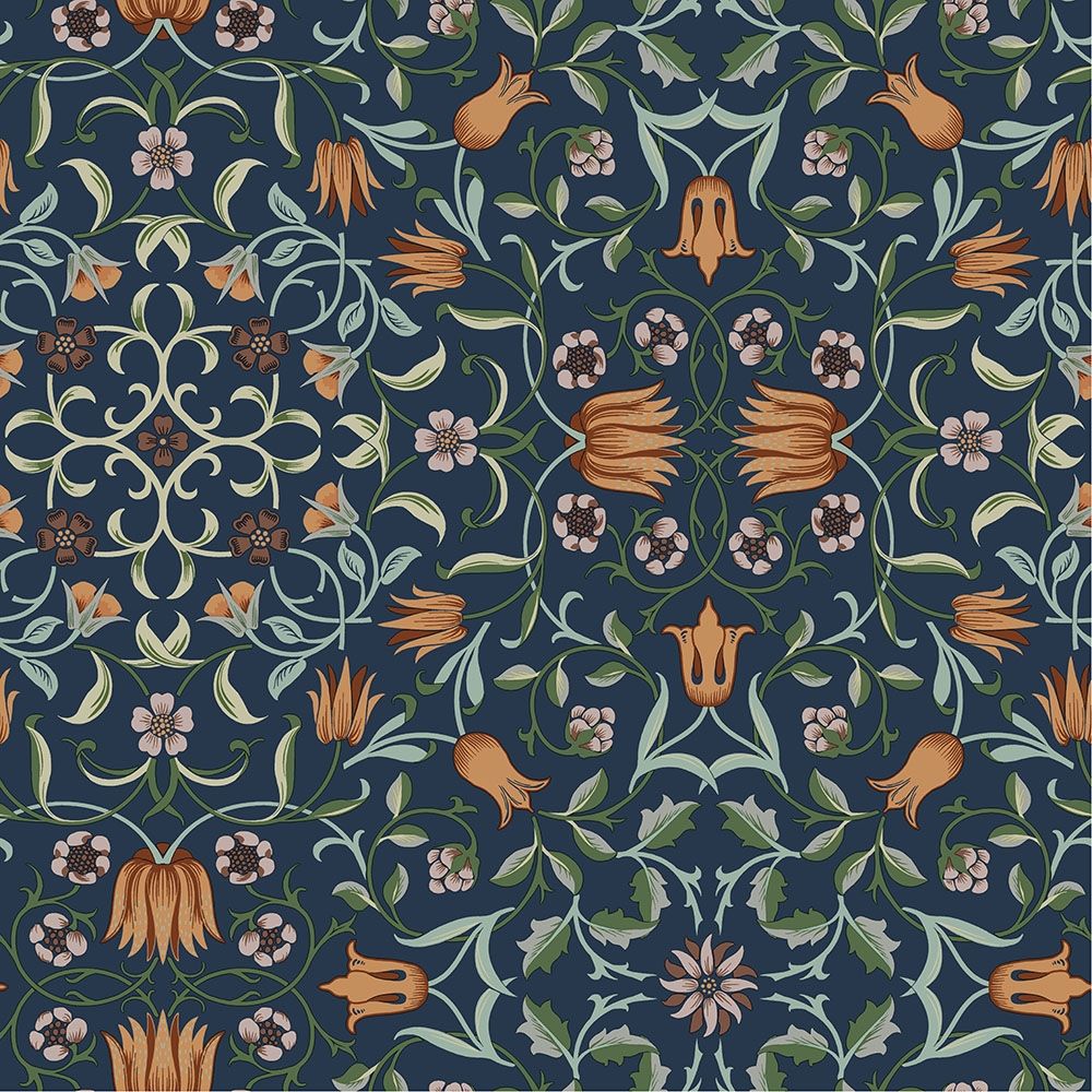 No 1 Holland Park, mörkblå tapet tapet från Midbec med botaniskt, blommigt mönster i blå. Från kollektionen Hidden Treasures vol 1. Nonwoven-material med rak passning.