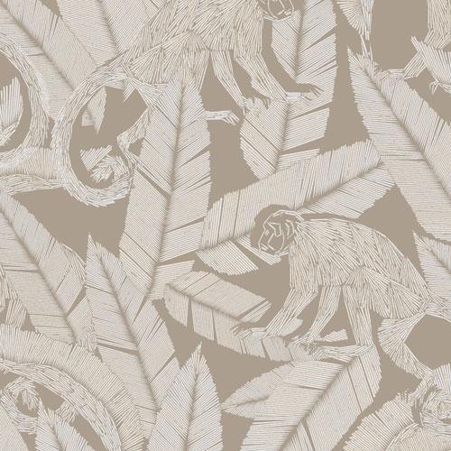 Monkey Desert tapet tapet från Midbec med djur, botaniskt mönster i beige. Från kollektionen Tribute. Nonwoven-material med förskjuten passning. Passar i vardagsrum, matsal och hall.