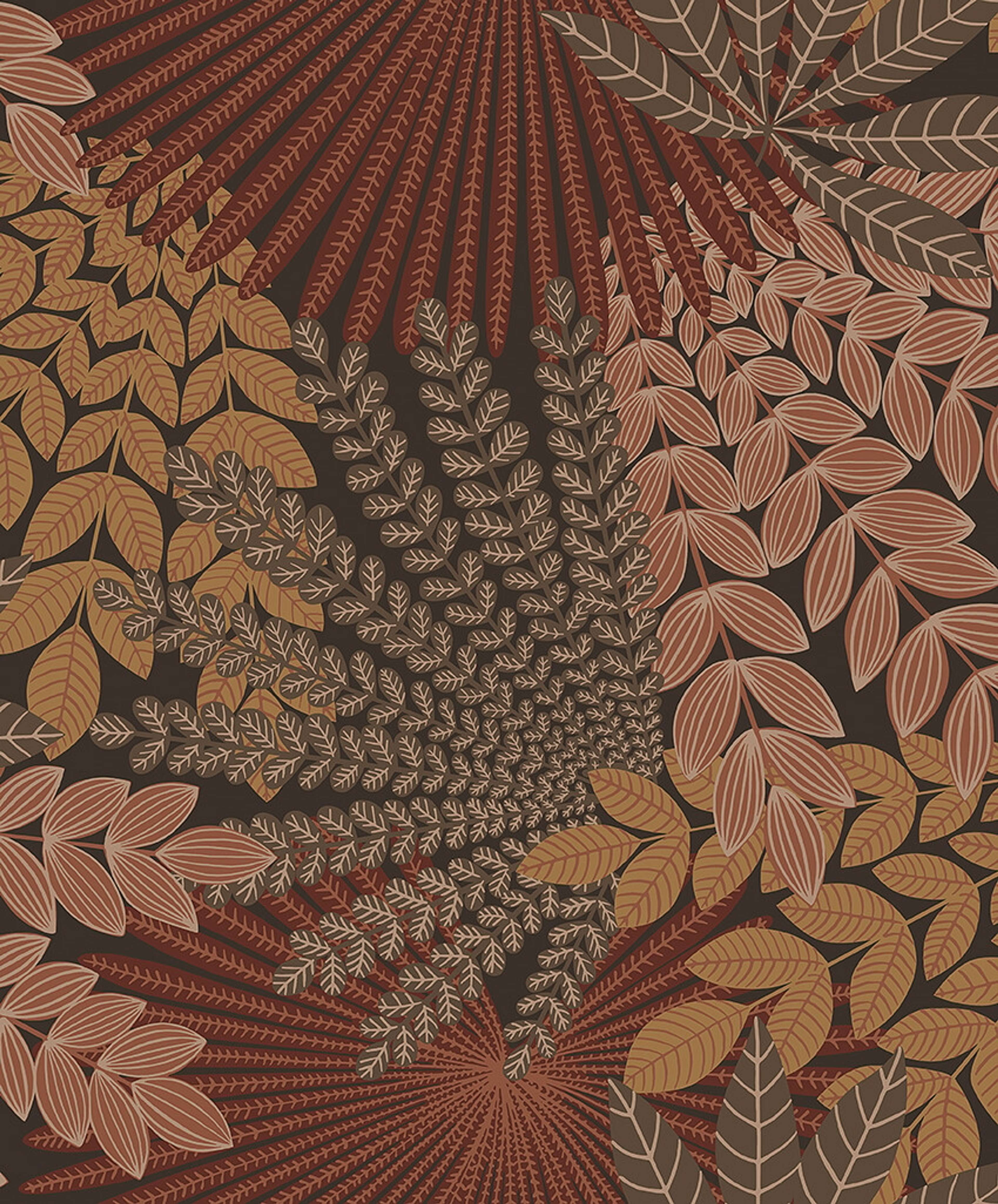 Velvet Leaves bladverk i ockra tapet med botaniskt mönster i röd. Från kollektionen Treasured. Nonwoven-material med förskjuten passning. Passar i kök, hall och arbetsrum.