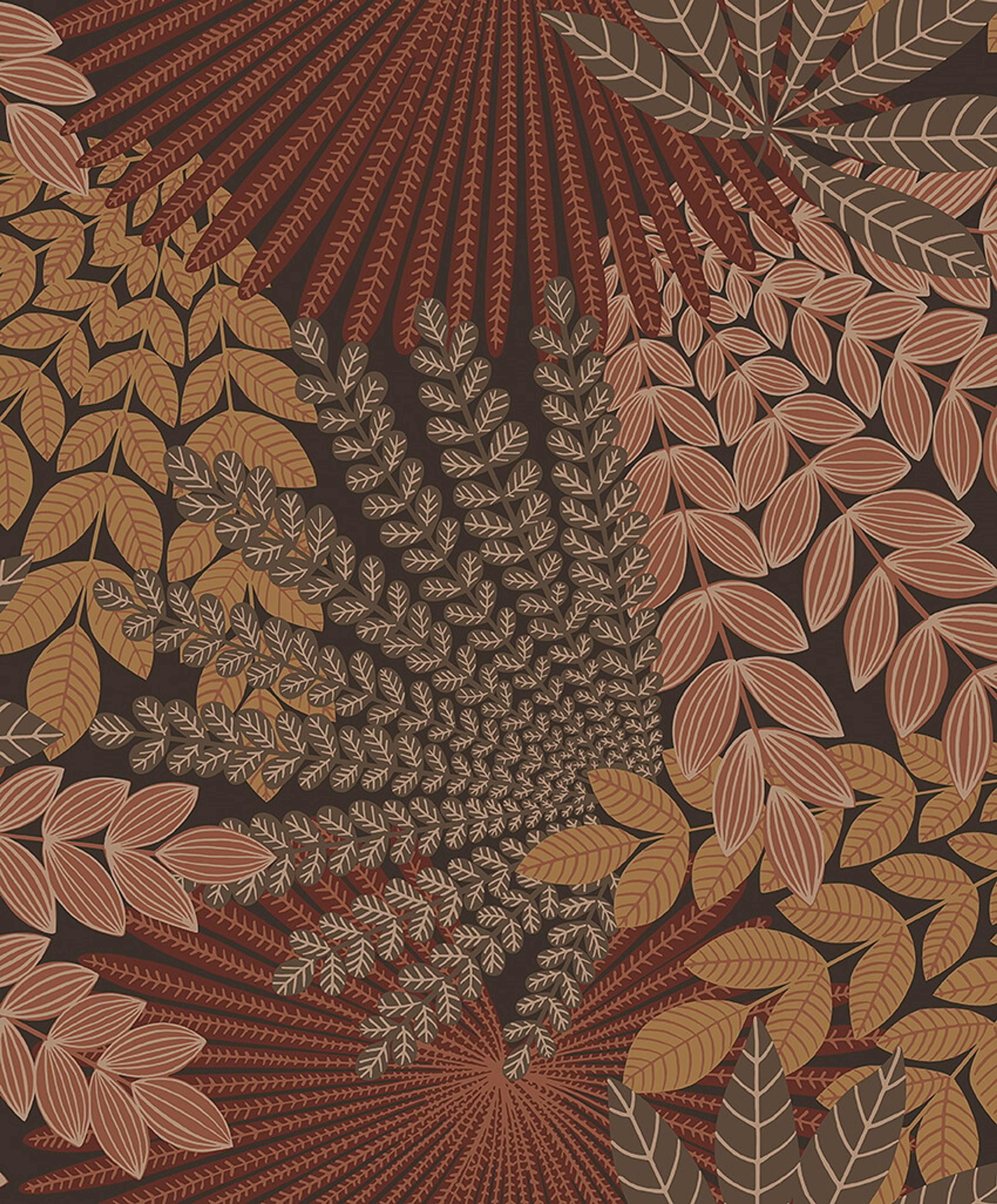 Velvet Leaves bladverk i ockra tapet med botaniskt mönster i röd. Från kollektionen Treasured. Nonwoven-material med förskjuten passning. Passar i kök, hall och arbetsrum.