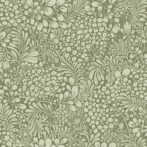 Siv, ljusgrön tapet med blommigt mönster i grön. Från kollektionen Lina 2. Nonwoven-material med förskjuten passning.