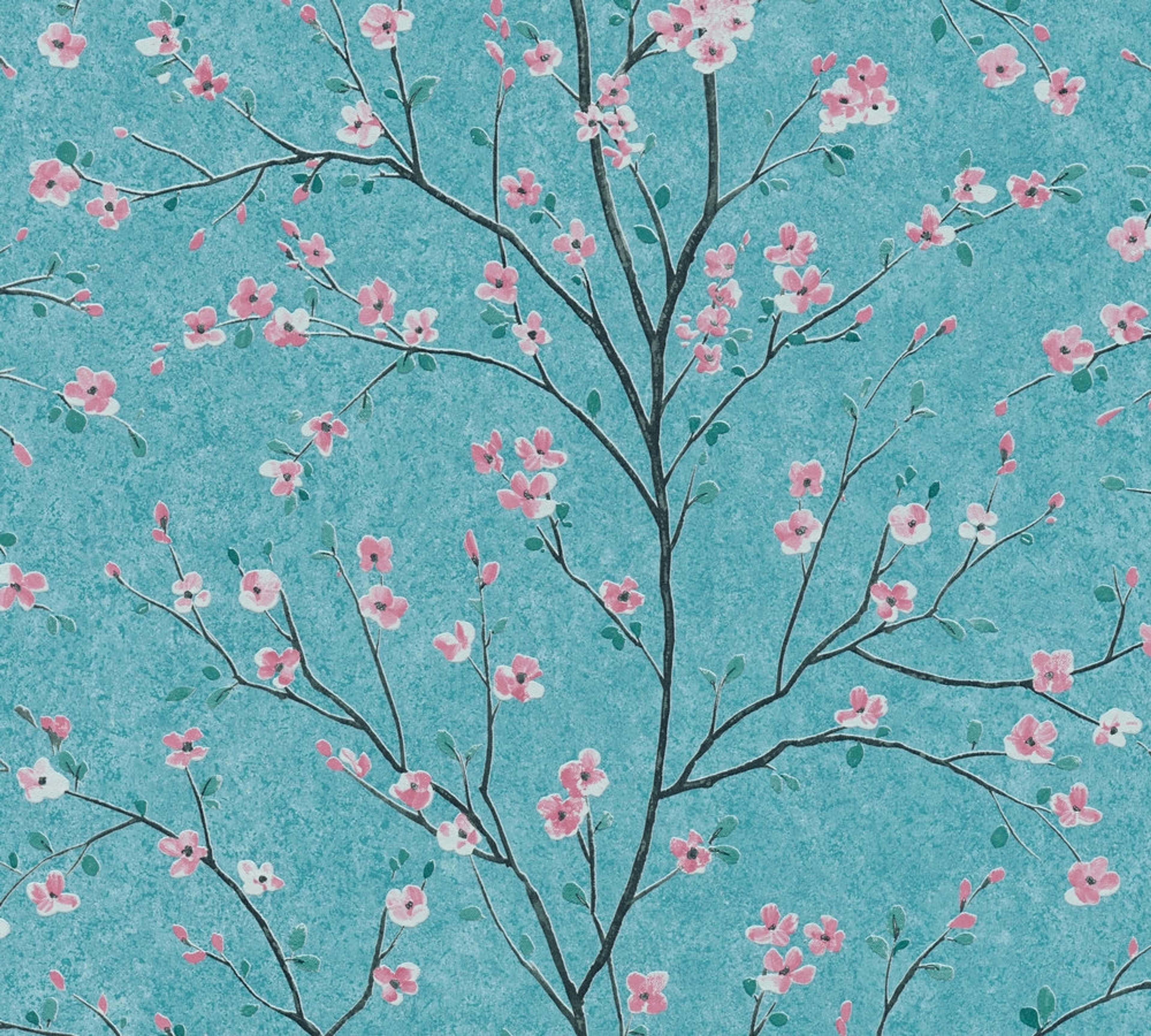 Mio - Tokio strukturtapet i turkos tapet med blommigt mönster i turkos. Från kollektionen metropolitan stories 2. Nonwoven-material med förskjuten passning. Passar i vardagsrum och matsal.