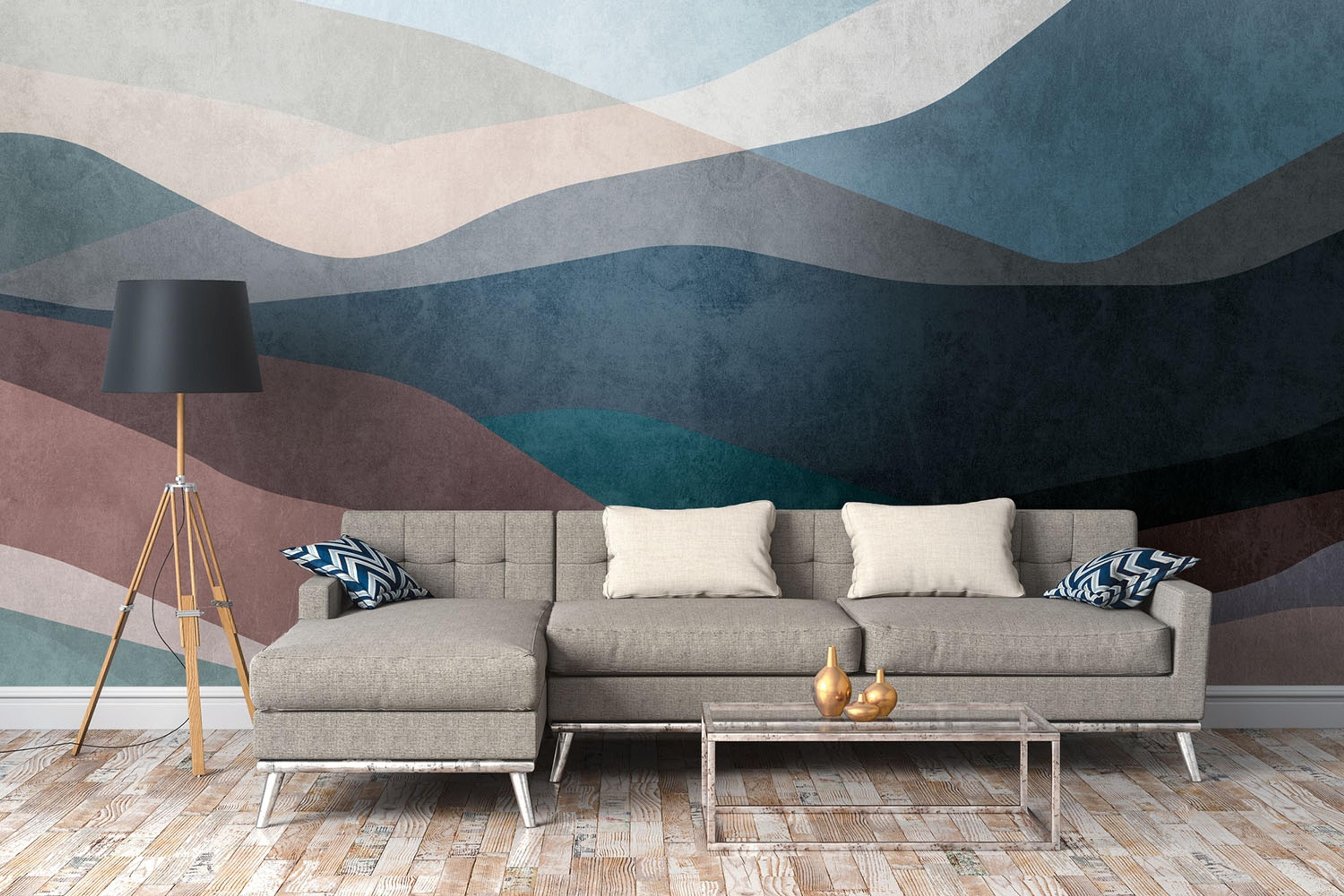 Eyecatcher tapet med illustration, grafiskt mönster i blå. Från kollektionen The Wall. Nonwoven-material. Passar i vardagsrum och matsal.