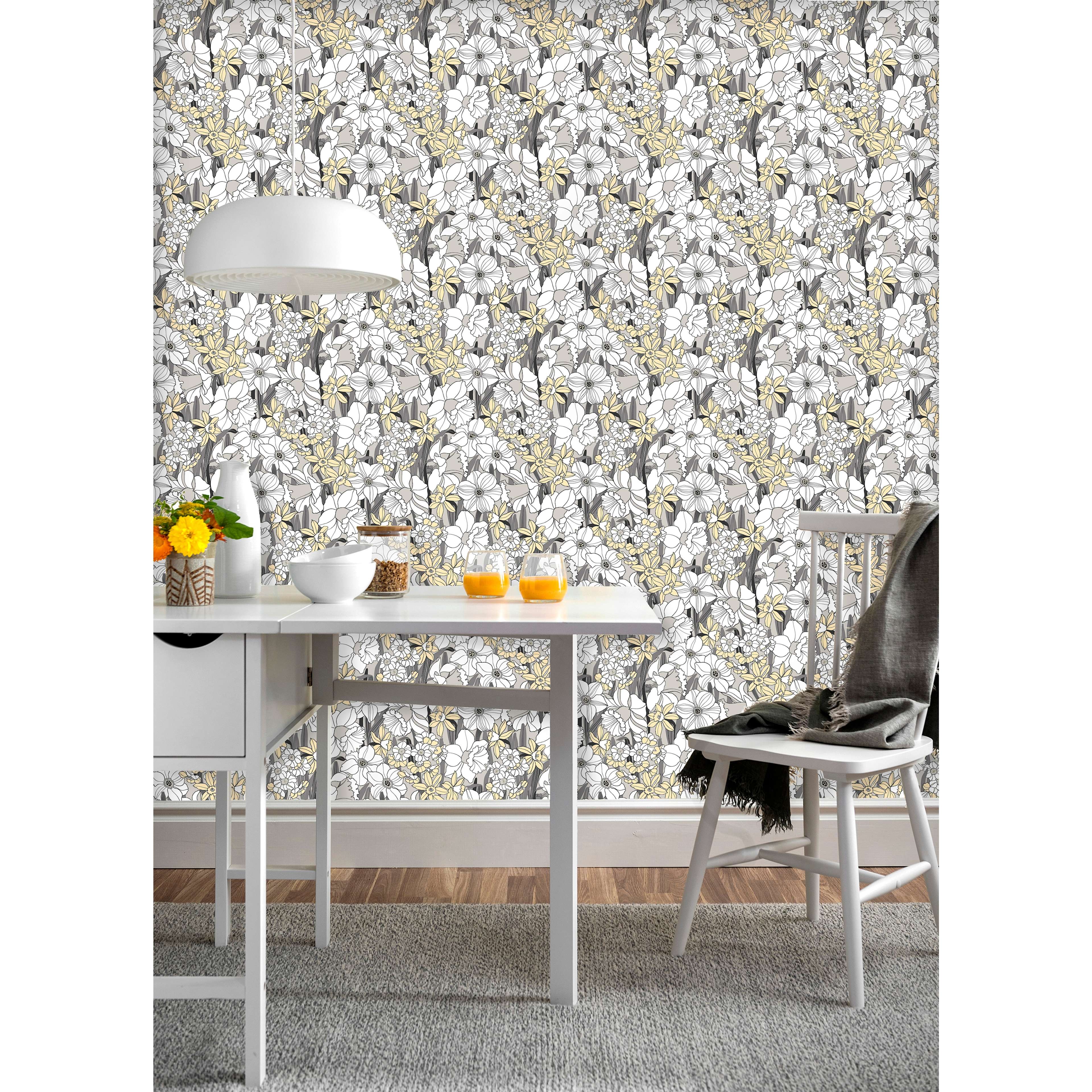 Påsklilja, grå tapet från duro med blommigt mönster i grå. Från kollektionen Duro 1900. Nonwoven-material med rak mönsterpassning. Vintage-stil.