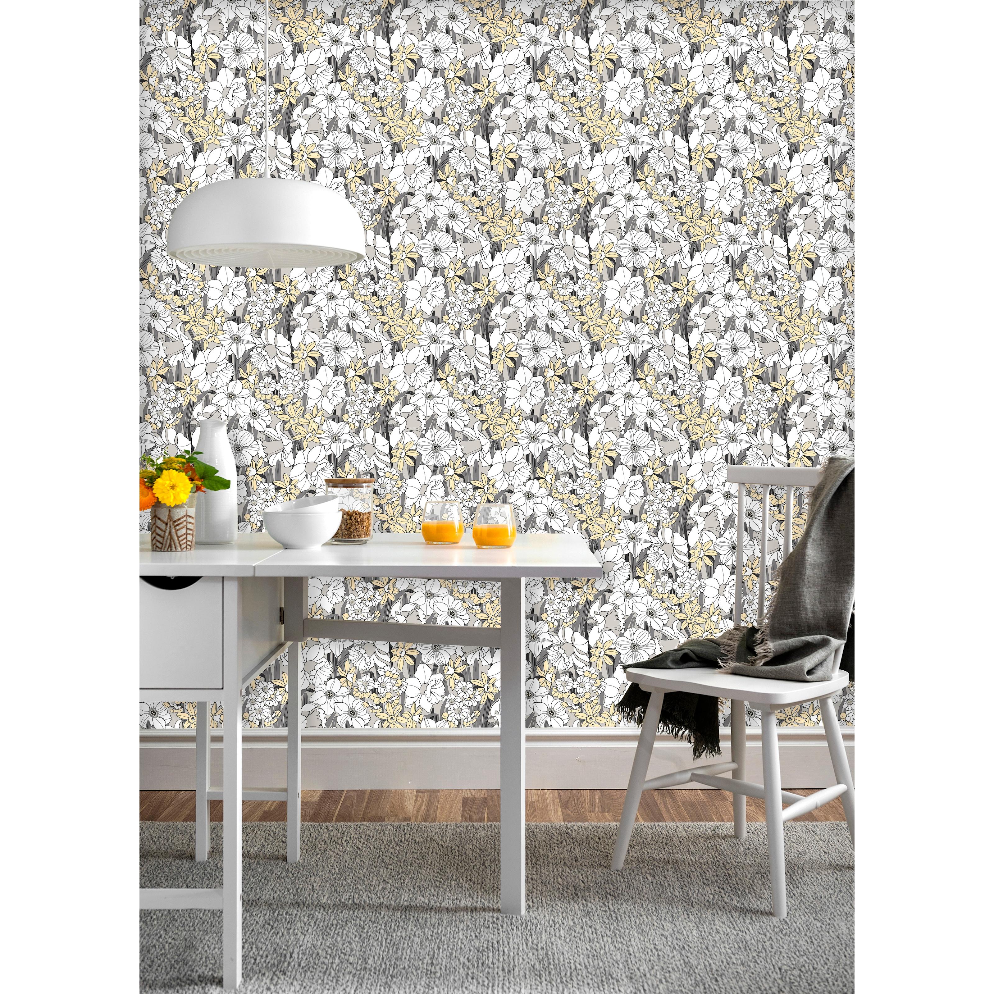 Påsklilja, grå tapet från duro med blommigt mönster i grå. Från kollektionen Duro 1900. Nonwoven-material med rak mönsterpassning. Vintage-stil.