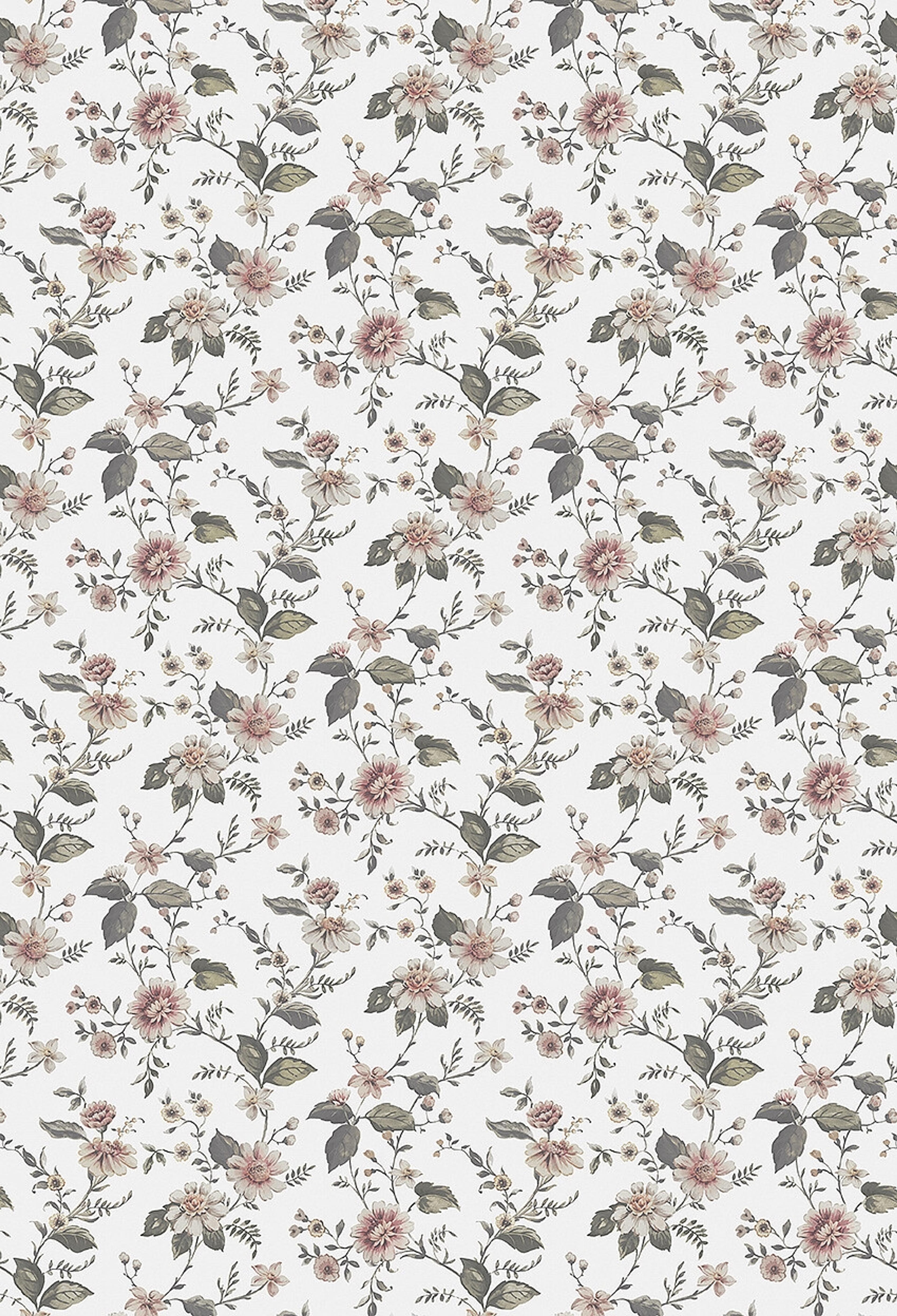 Marion's Mural blommig med benvit botten tapet med blommigt mönster i vit. Från kollektionen Cottage Garden. Nonwoven-material med rak passning. Passar i vardagsrum, matsal och hall.