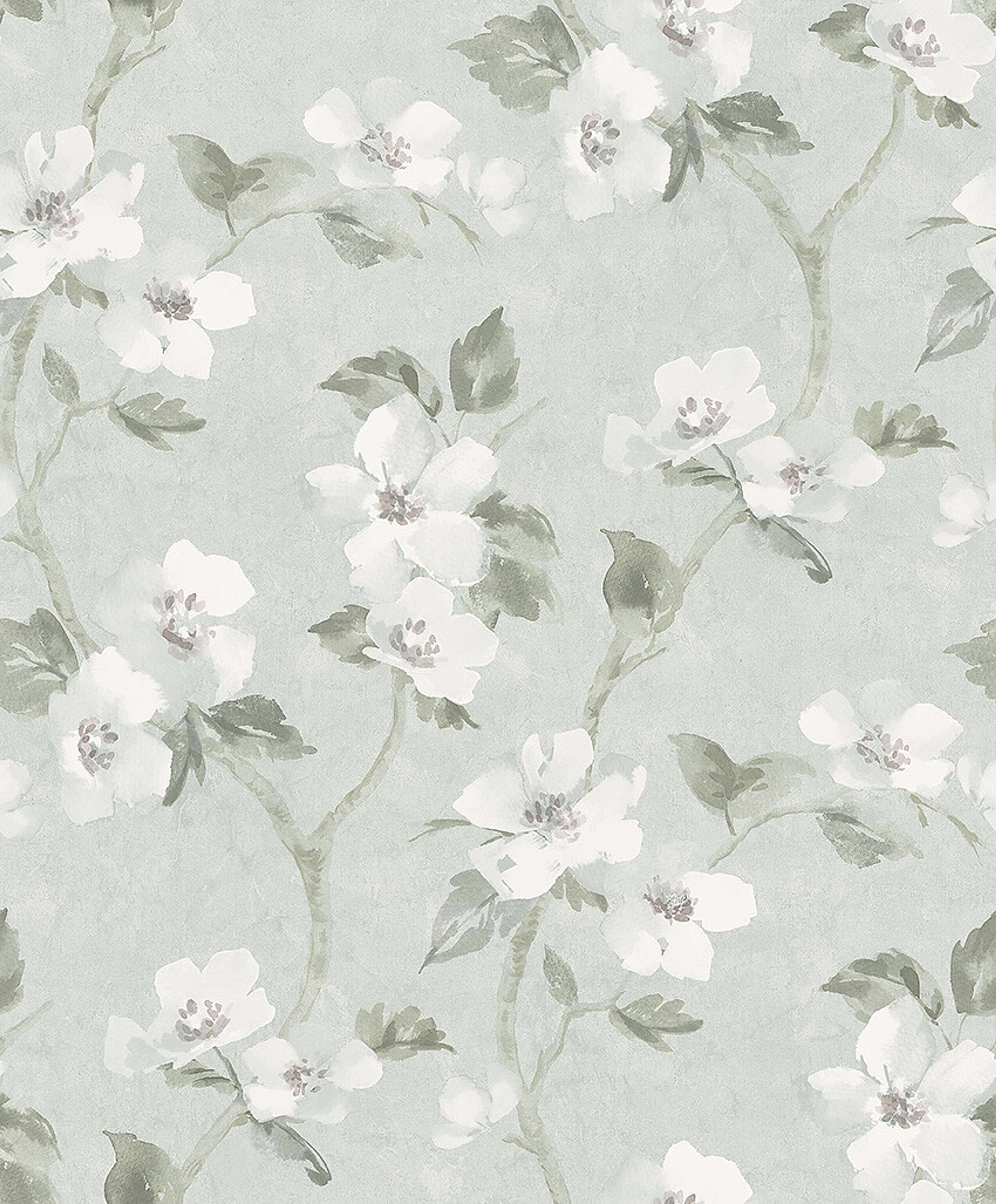 Helen´s Flower dämpad ljusturkos botten tapet med blommigt mönster i turkos. Från kollektionen Cottage Garden. Nonwoven-material med rak passning. Passar i vardagsrum, matsal och hall.