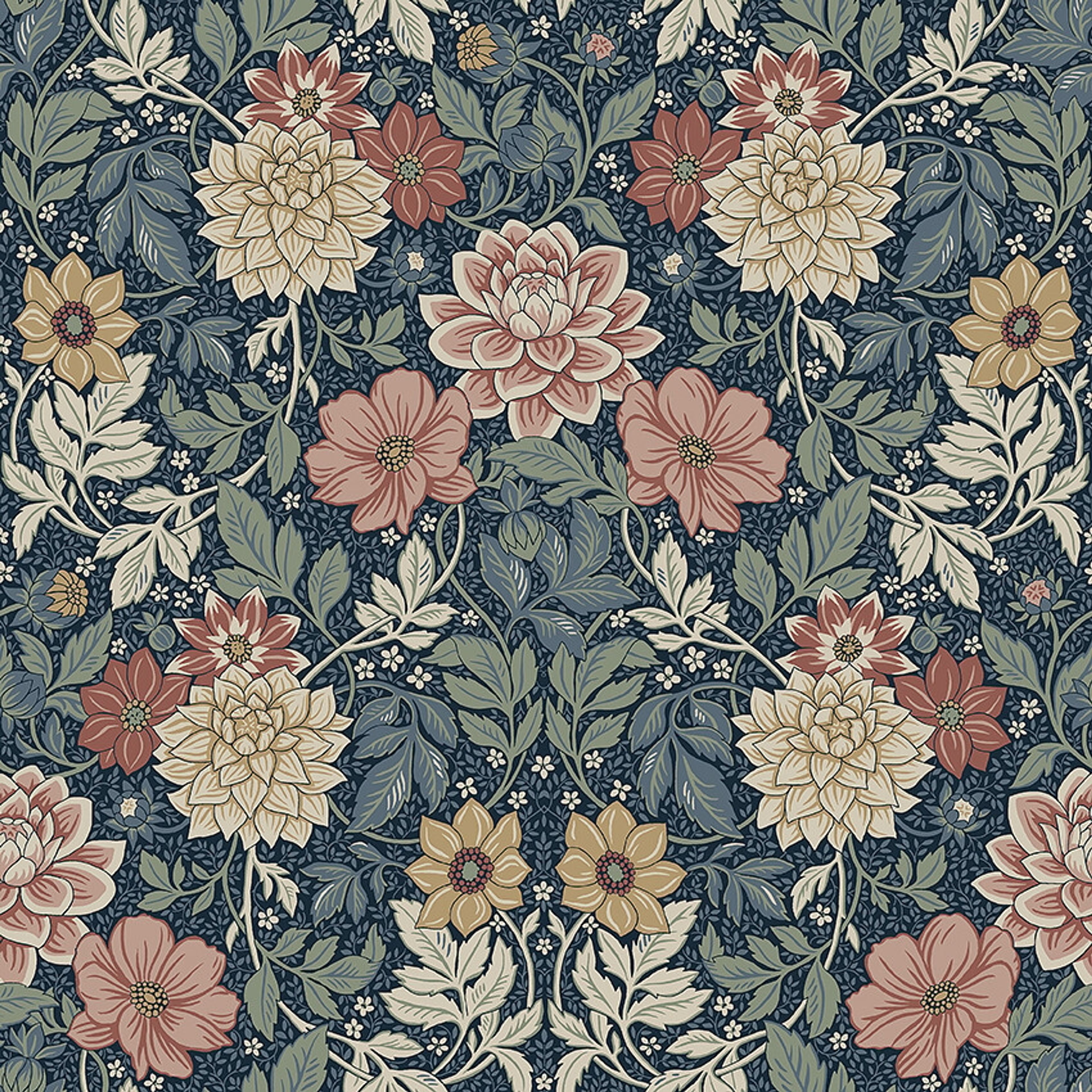 Dahlia Garden, blå tapet med blommigt mönster i blå. Från kollektionen Falsterbo III. Nonwoven-material med rak passning.