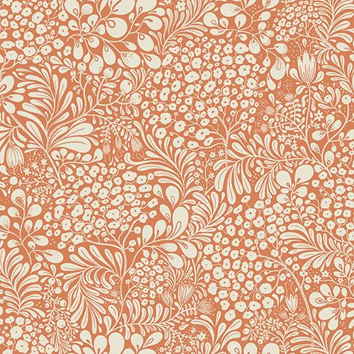 Siv, mörk persikofärgad tapet med botaniskt mönster i röd. Från kollektionen Lina 2. Nonwoven-material med förskjuten passning. Lek-stil.