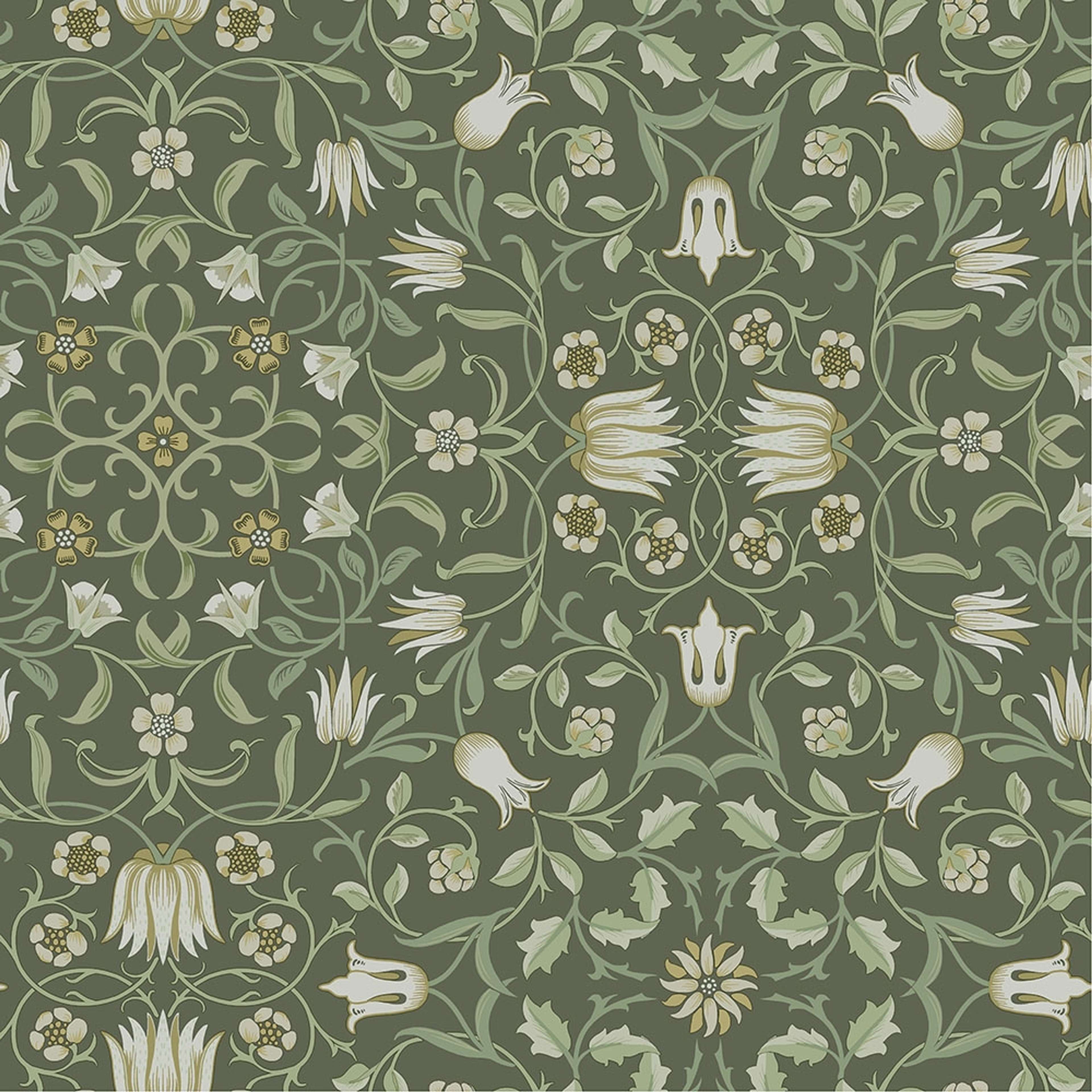 No 1 Holland Park, grön tapet tapet från Midbec med botaniskt, blommigt mönster i grön. Från kollektionen Hidden Treasures vol 1. Nonwoven-material med rak passning.