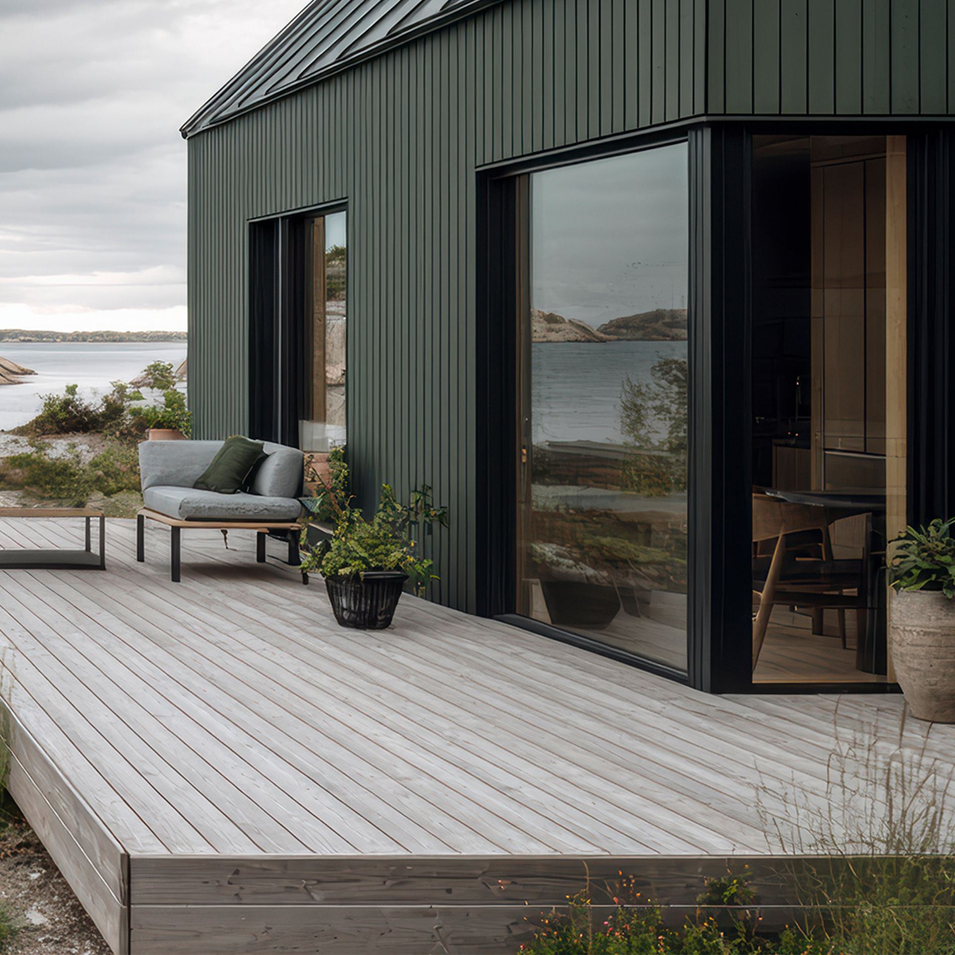 Modern dark green house with a wooden deck and outdoor seating overlooking a rocky bay.