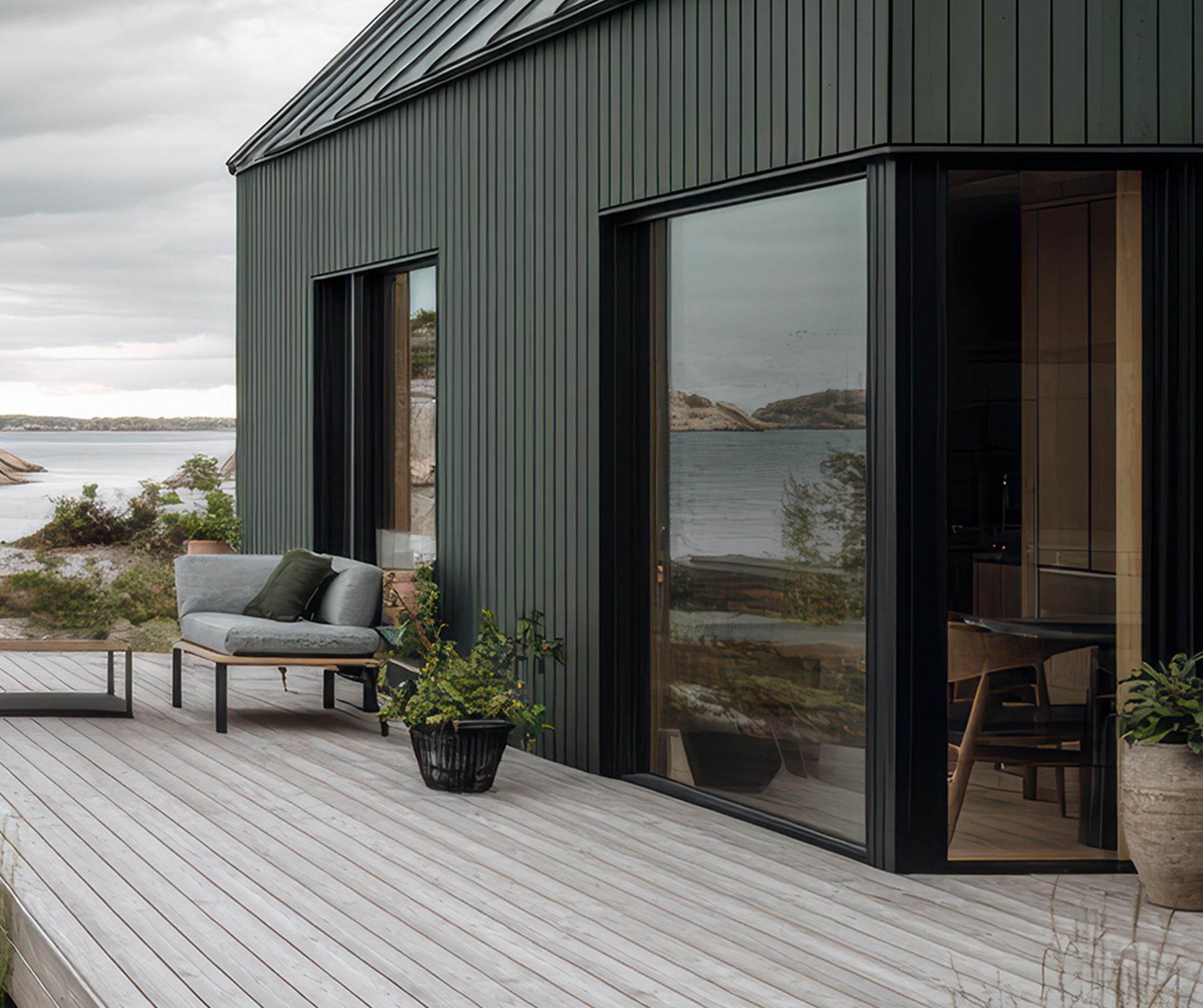 Modern dark green house with a wooden deck and outdoor seating overlooking a rocky bay.