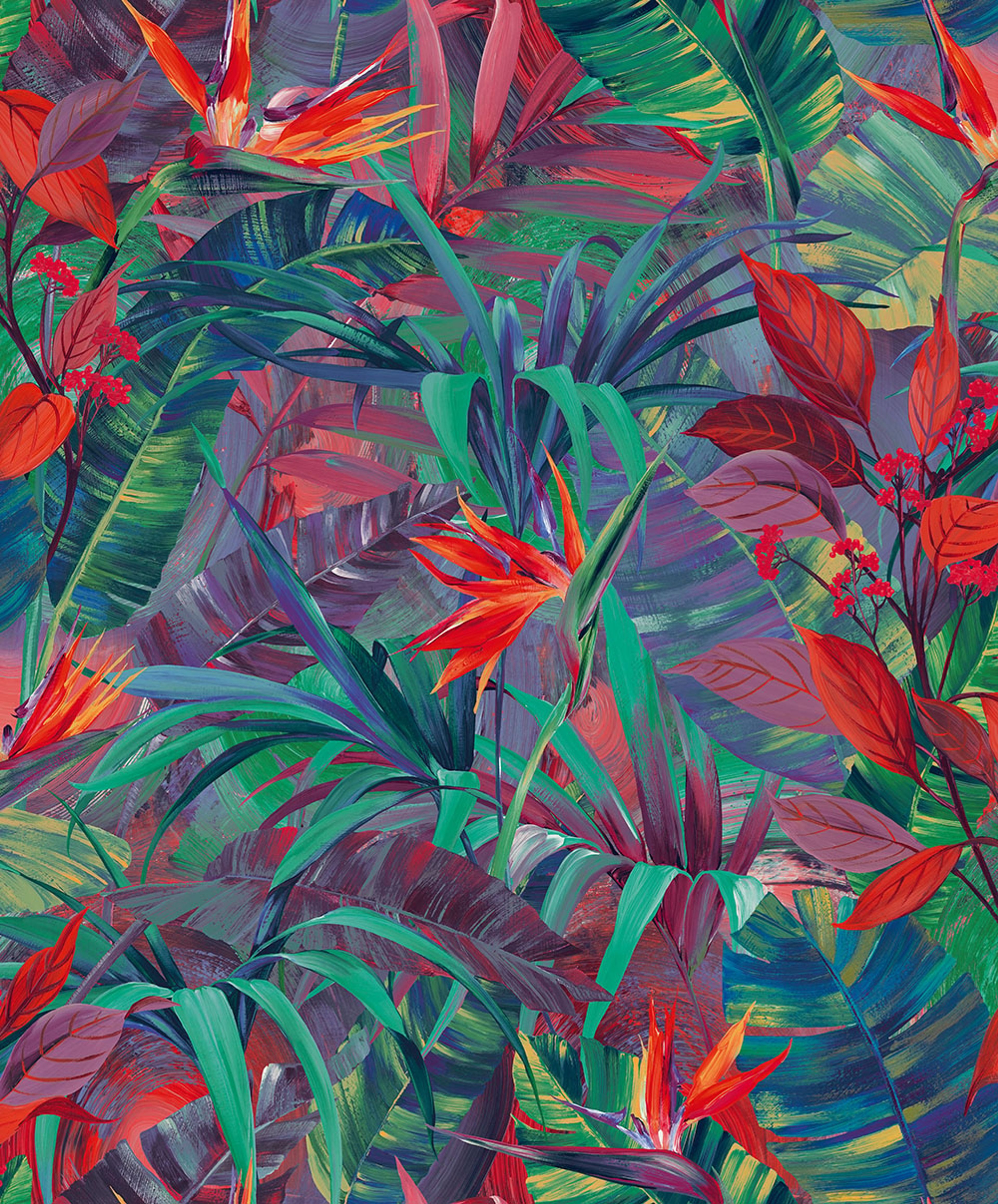 Paradise Flower tapet i lila och röd tapet med djur mönster i lila. Från kollektionen jungle fever. Nonwoven-material med förskjuten passning. Passar i vardagsrum och matsal.