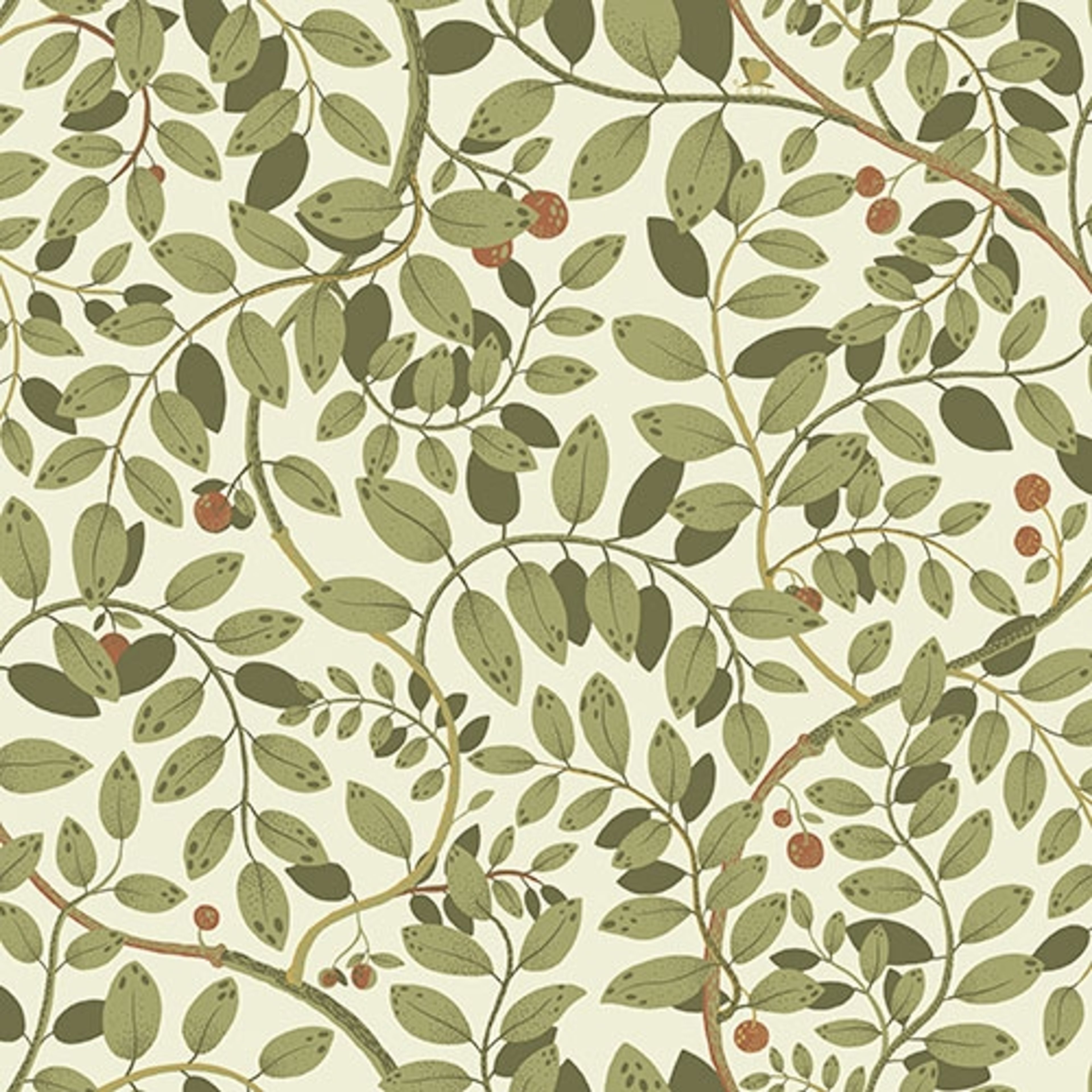Kirke blad och bär, ljus tapet med botaniskt mönster i vit. Från kollektionen Lina 2. Nonwoven-material med förskjuten passning.