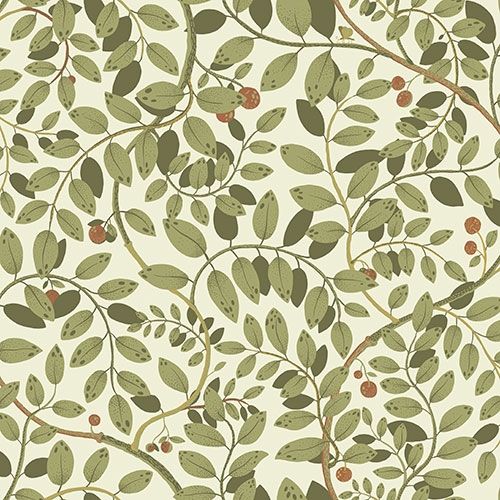 Kirke blad och bär, ljus tapet med botaniskt mönster i vit. Från kollektionen Lina 2. Nonwoven-material med förskjuten passning.