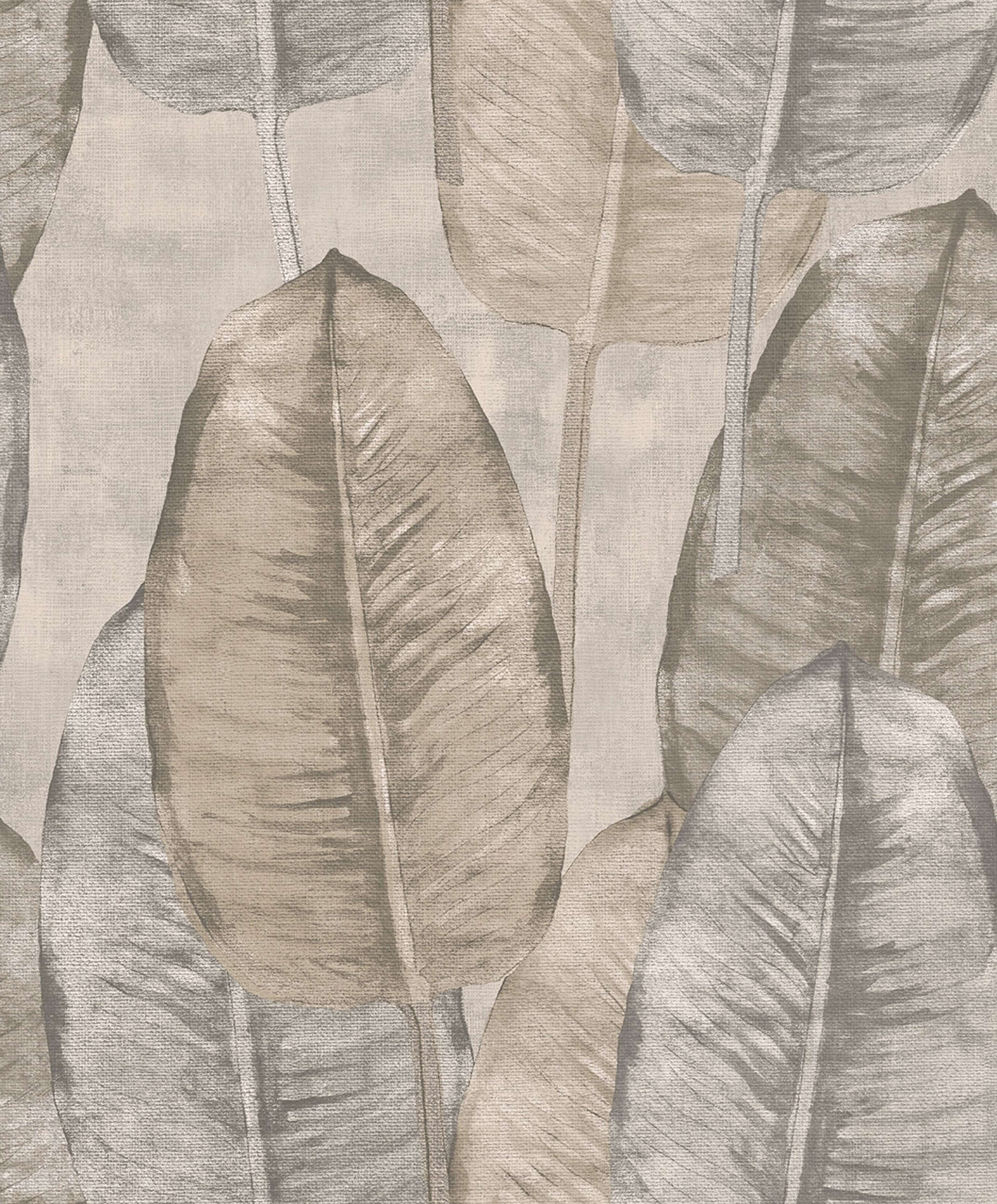 Rubber Tree tapet med botaniskt mönster i grå. Från kollektionen Tahiti. Nonwoven-material med förskjuten passning. Passar i vardagsrum, matsal och hall.