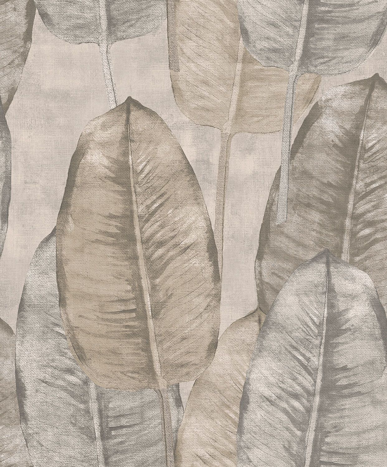Rubber Tree tapet med botaniskt mönster i grå. Från kollektionen Tahiti. Nonwoven-material med förskjuten passning. Passar i vardagsrum, matsal och hall.