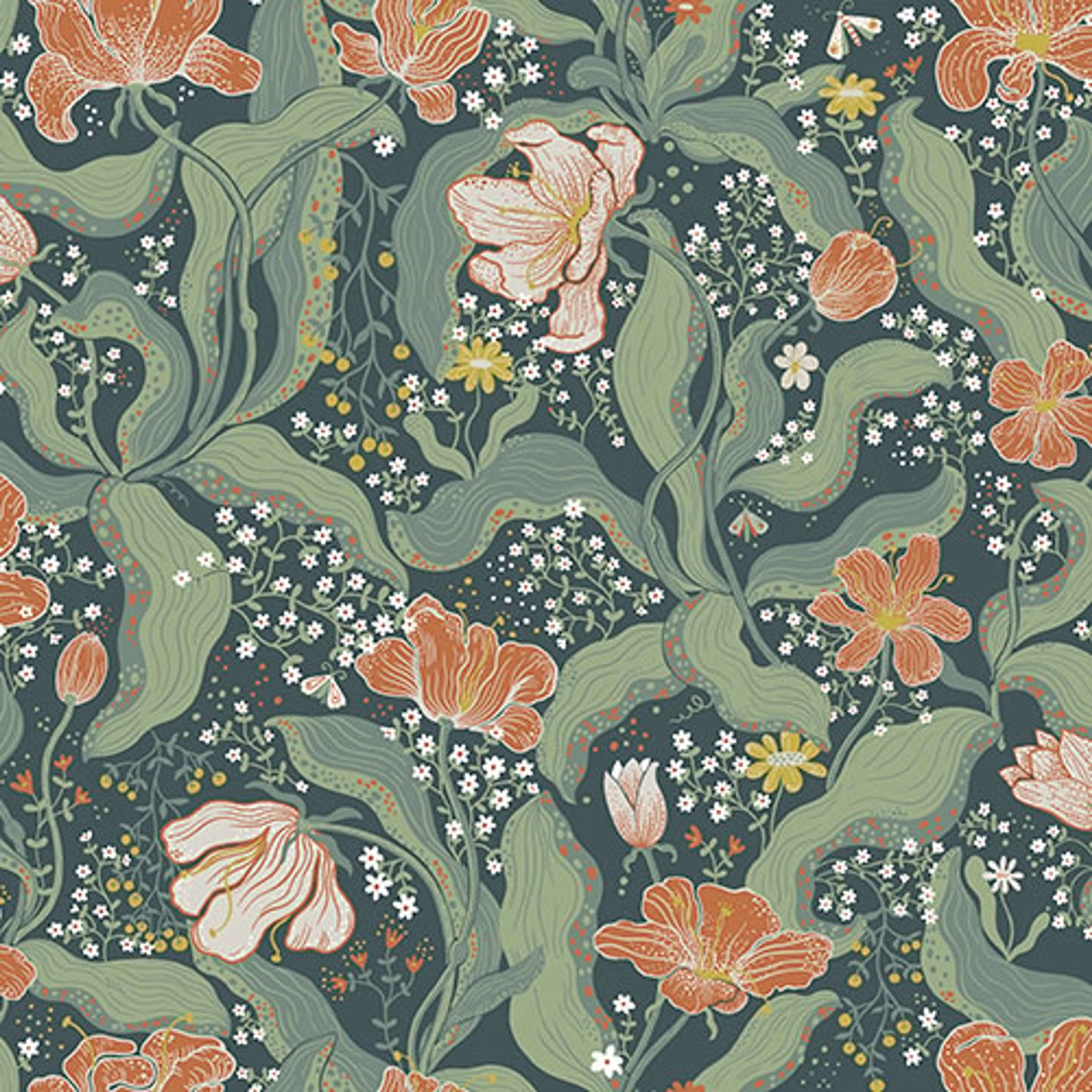 Bodri blommor och blad i grönt och orange tapet med blommigt mönster i grön och orange. Från kollektionen Lina 2. Nonwoven-material med förskjuten passning.