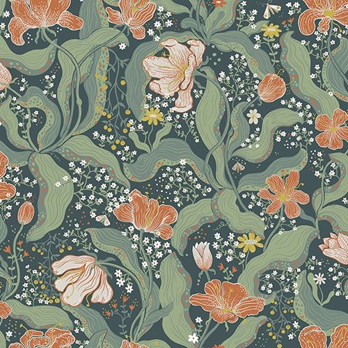 Bodri blommor och blad i grönt och orange tapet med blommigt mönster i grön och orange. Från kollektionen Lina 2. Nonwoven-material med förskjuten passning.