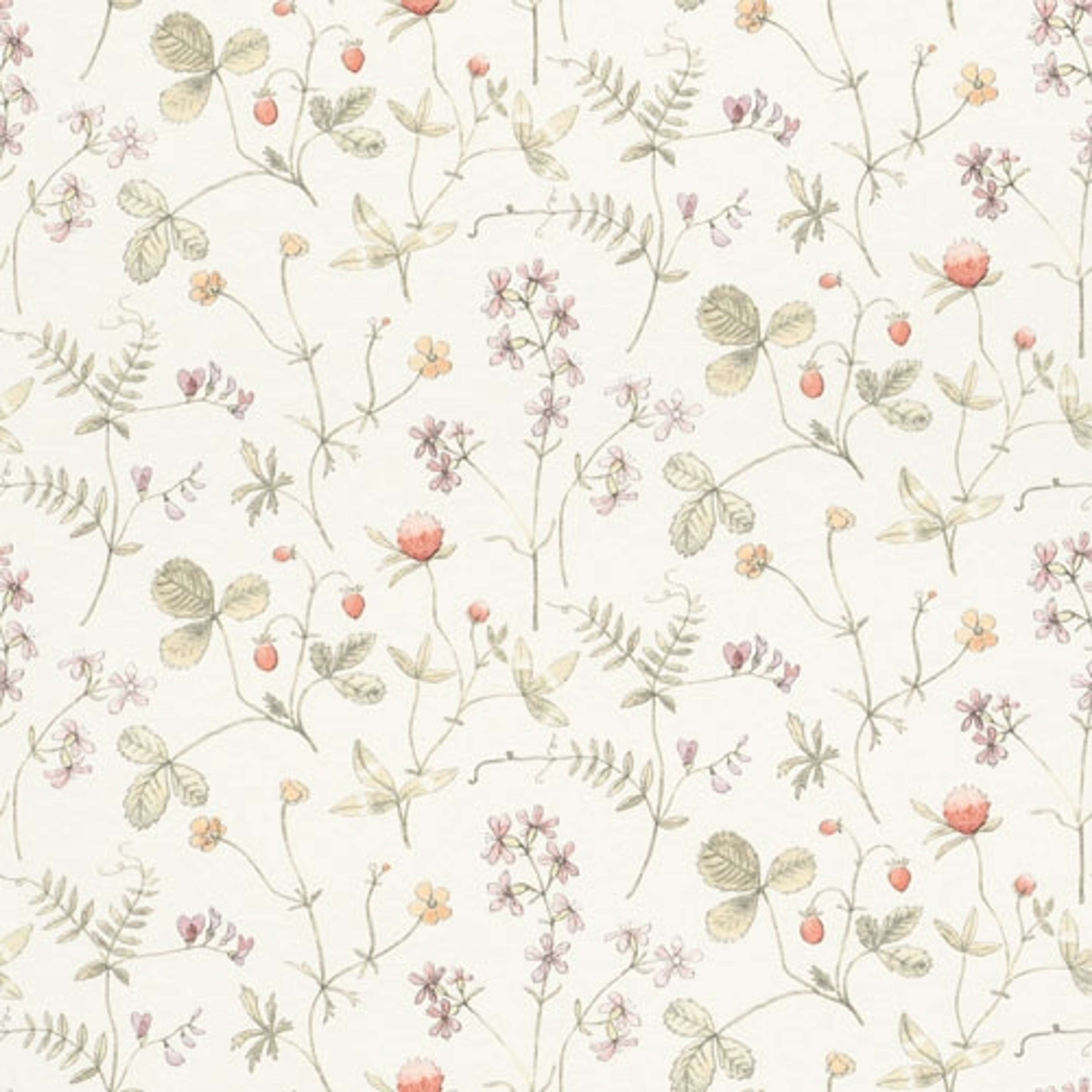 Julia ängsblommor i rosa, rött och orange tapet från Midbec med blommigt mönster i rosa. Från kollektionen Morgongåva. Nonwoven-material med rak passning.