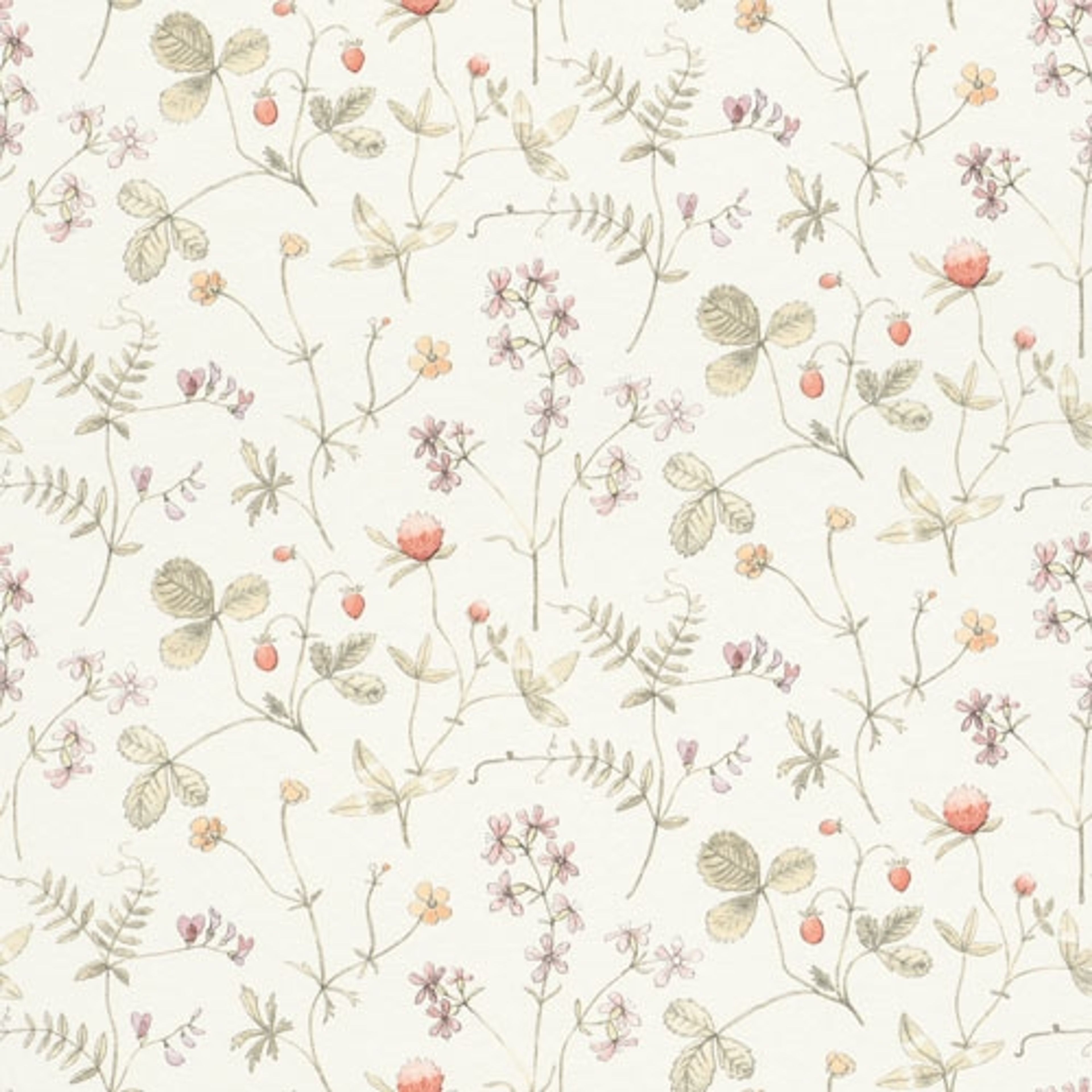 Julia ängsblommor i rosa, rött och orange tapet från Midbec med blommigt mönster i rosa. Från kollektionen Morgongåva. Nonwoven-material med rak passning.