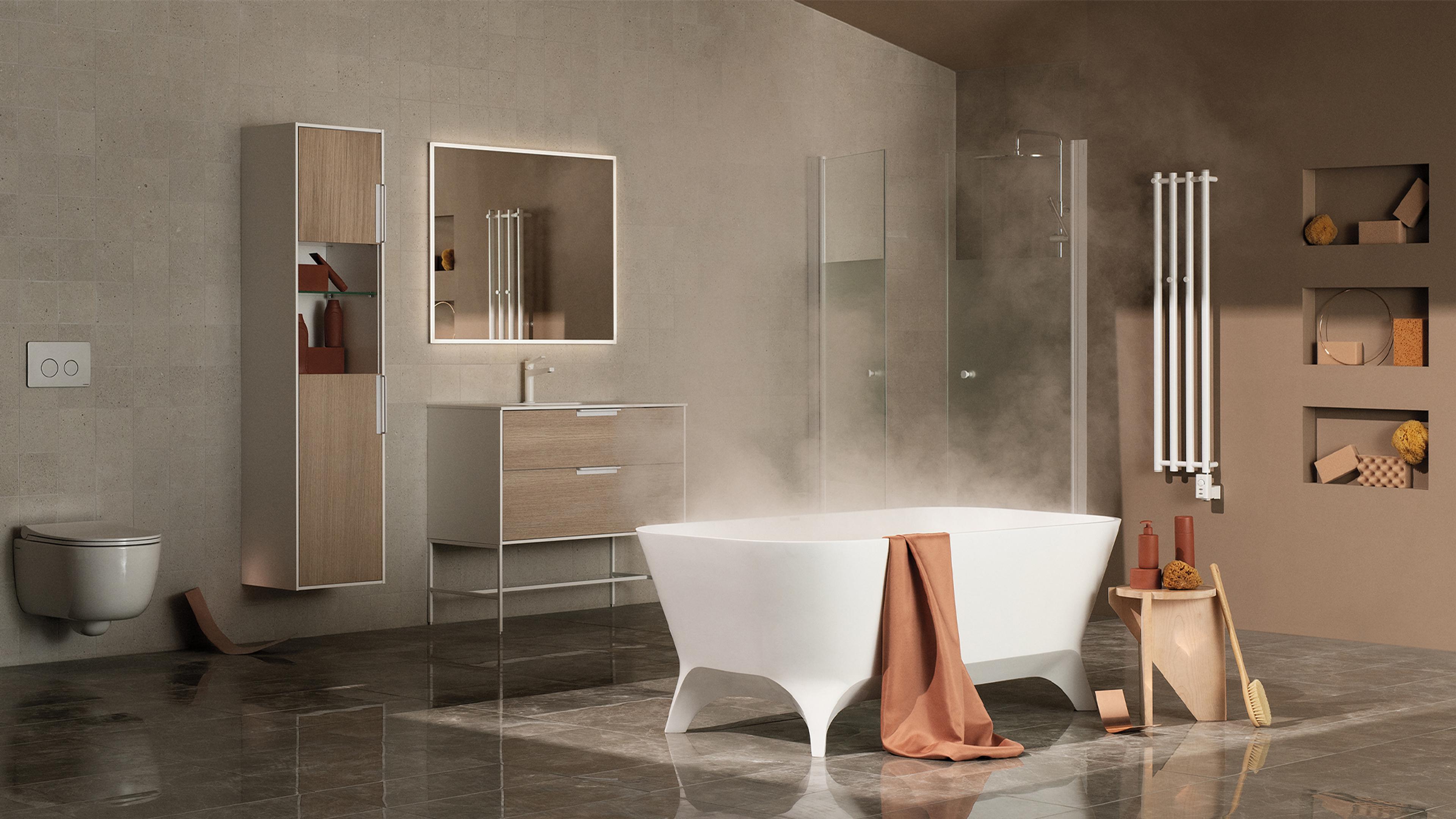 Modern, warm-toned bathroom with a steamy freestanding bathtub, floating vanity, and toilet.
