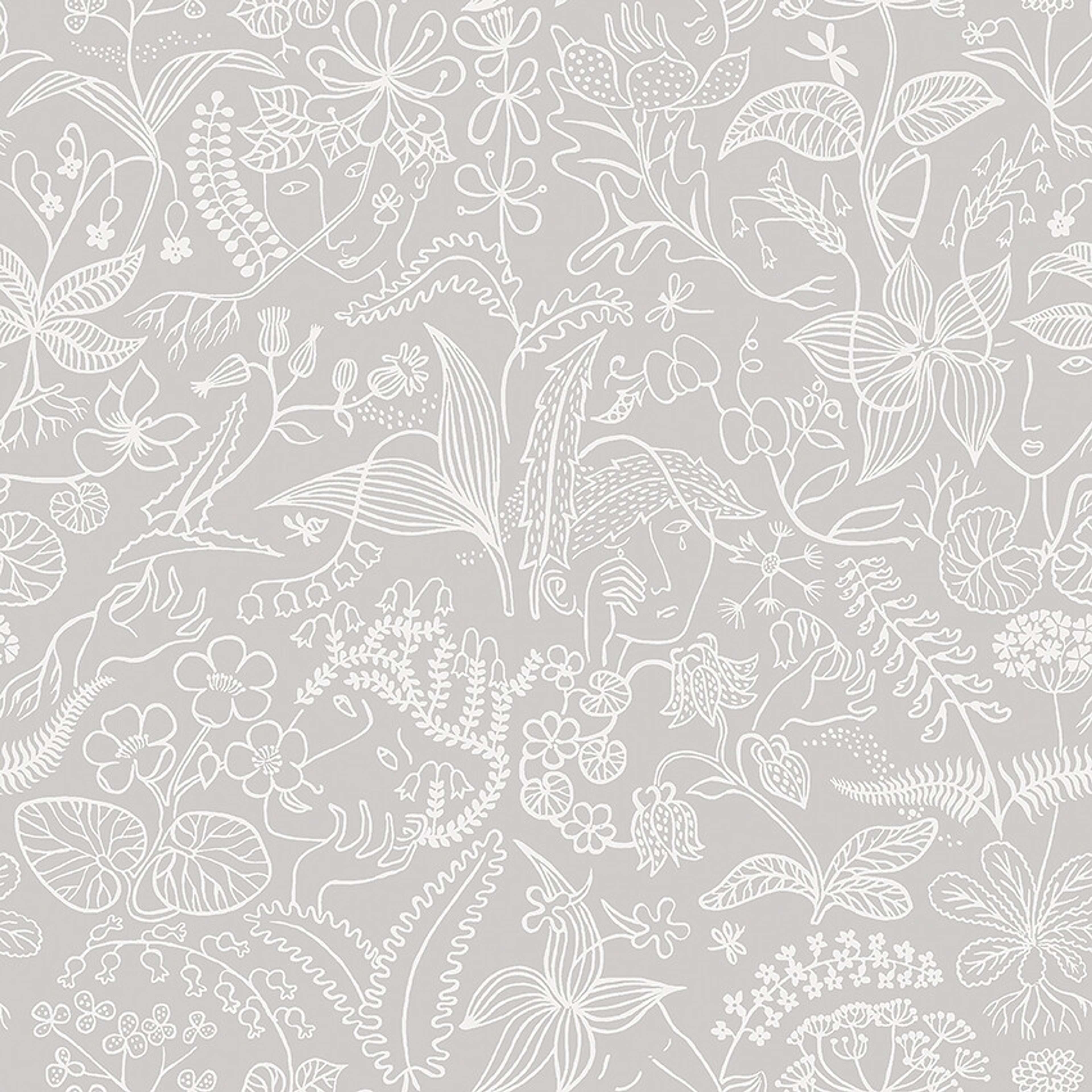 Stig Lindberg Grazia tapet med botaniskt, retro mönster i grå. Från kollektionen Scandinavian Designers III. Nonwoven-material med rak passning. Lek-stil.