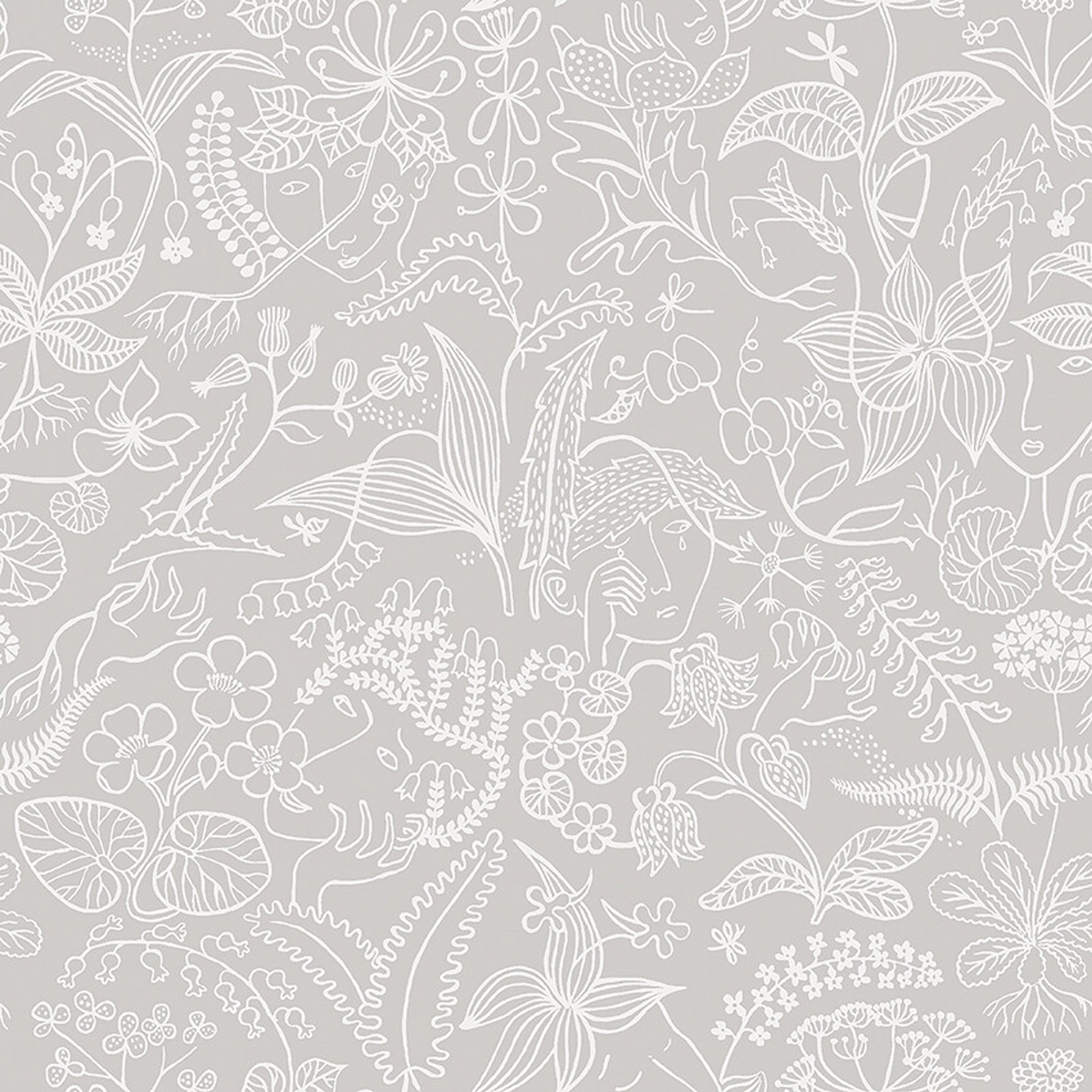 Stig Lindberg Grazia tapet med botaniskt, retro mönster i grå. Från kollektionen Scandinavian Designers III. Nonwoven-material med rak passning. Lek-stil.