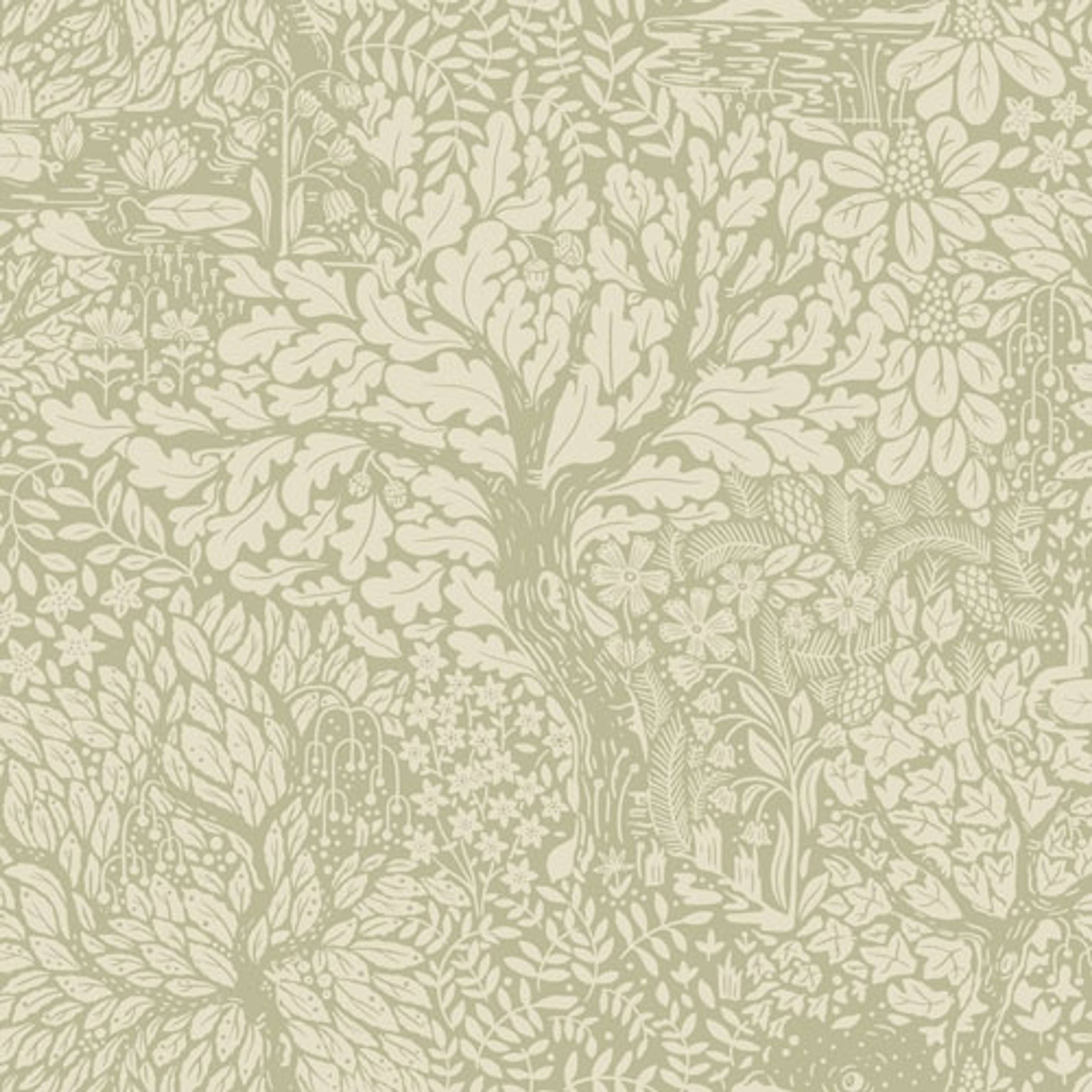 Olle tapet med blommigt mönster i grön och beige. Från kollektionen hjärterum. Nonwoven-material med förskjuten passning.