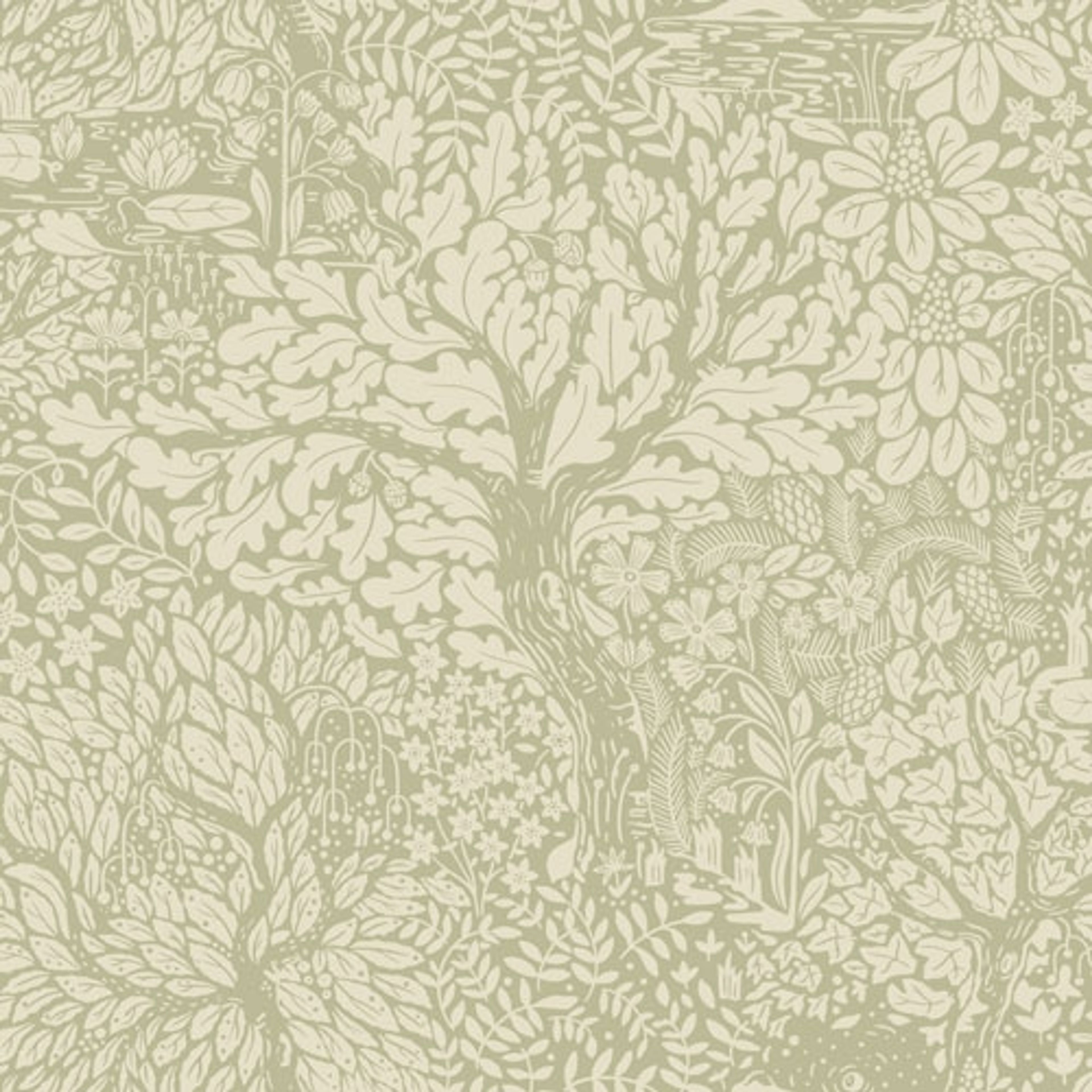 Olle tapet med blommigt mönster i grön och beige. Från kollektionen hjärterum. Nonwoven-material med förskjuten passning.
