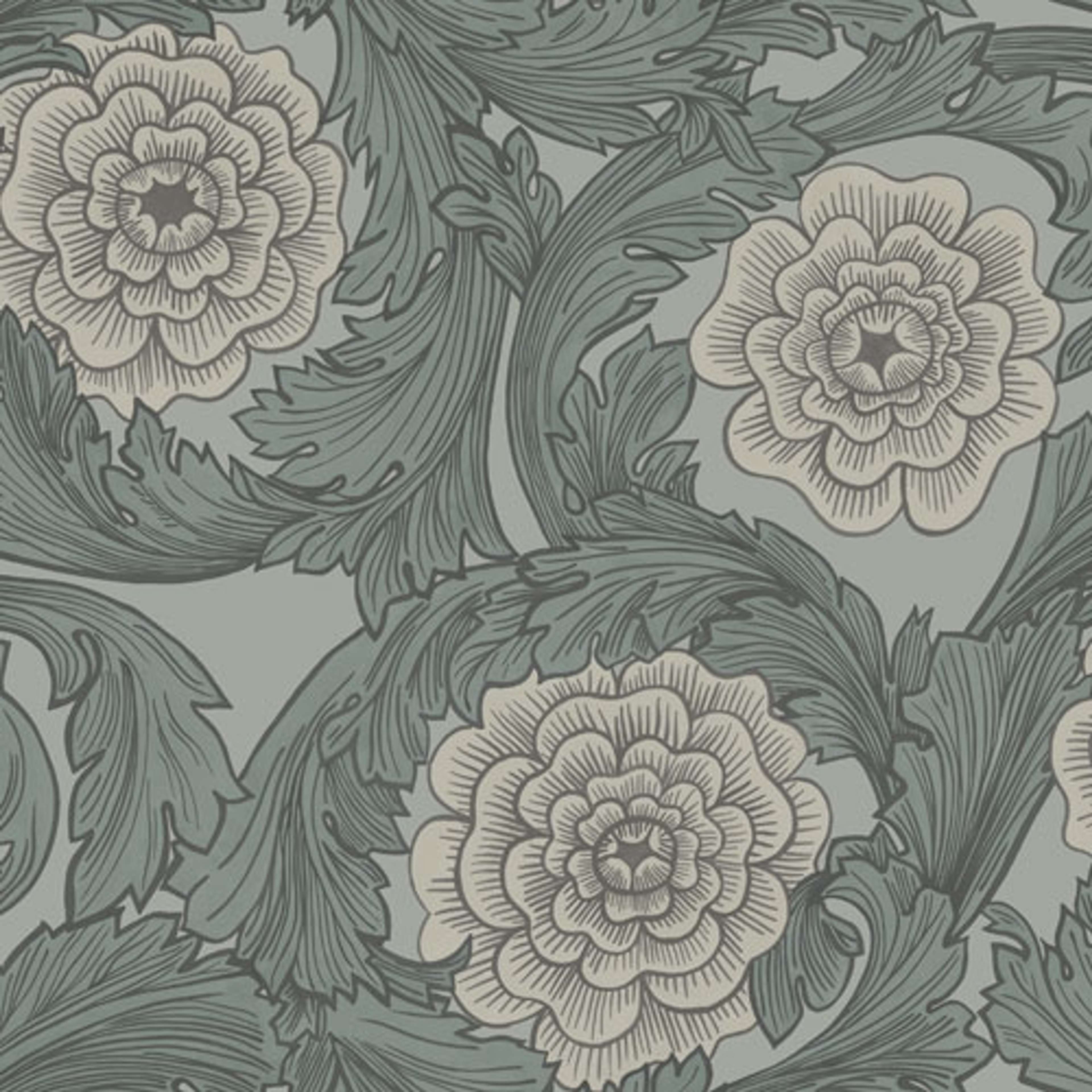 Rosa storblommig, grå tapet från Midbec med blommigt mönster i grå. Från kollektionen Blomstermåla. Nonwoven-material med förskjuten passning.