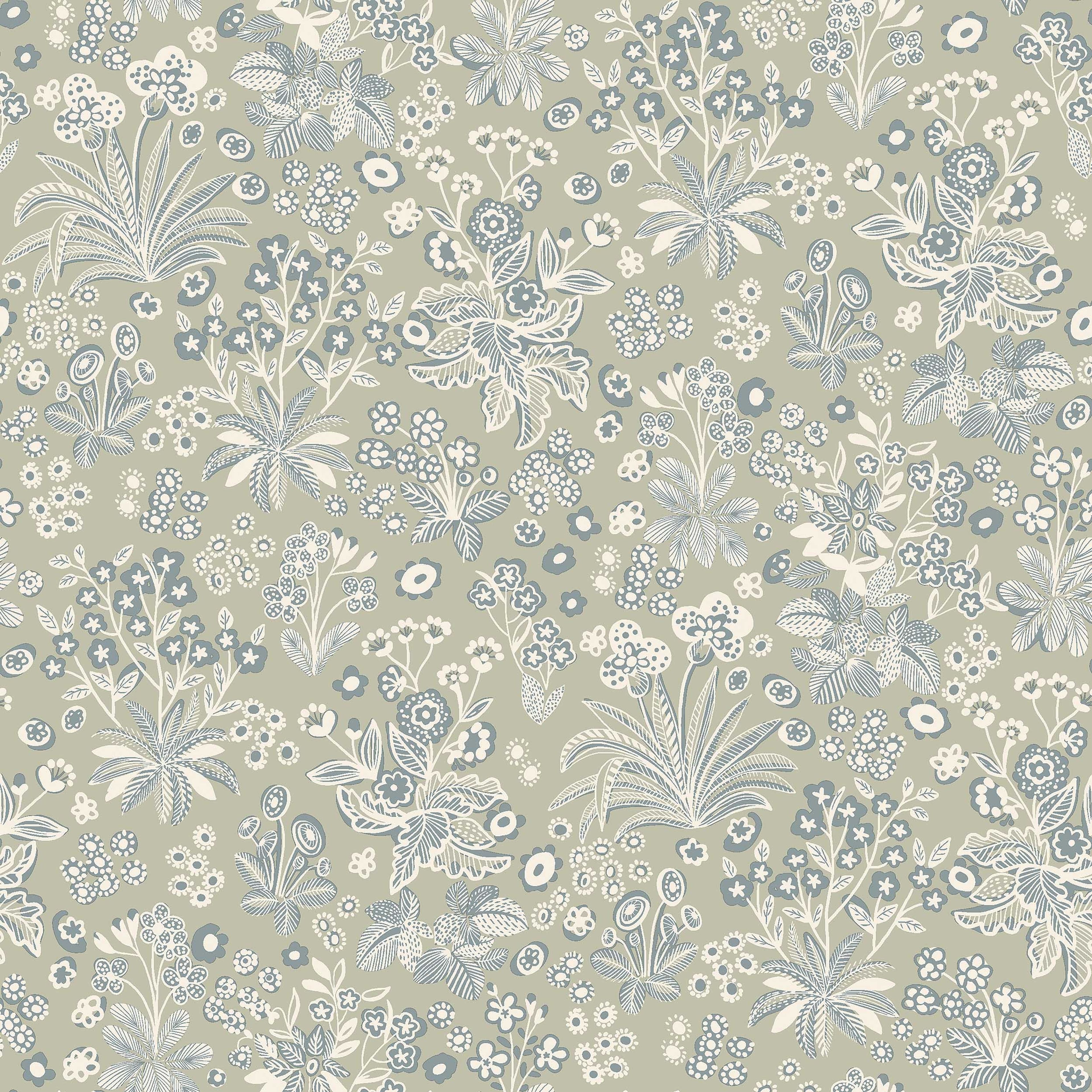 Tuva grön, tapet tapet med blommigt mönster i grön. Från kollektionen Nordic Folk. Nonwoven-material med rak passning. Passar i matsal.