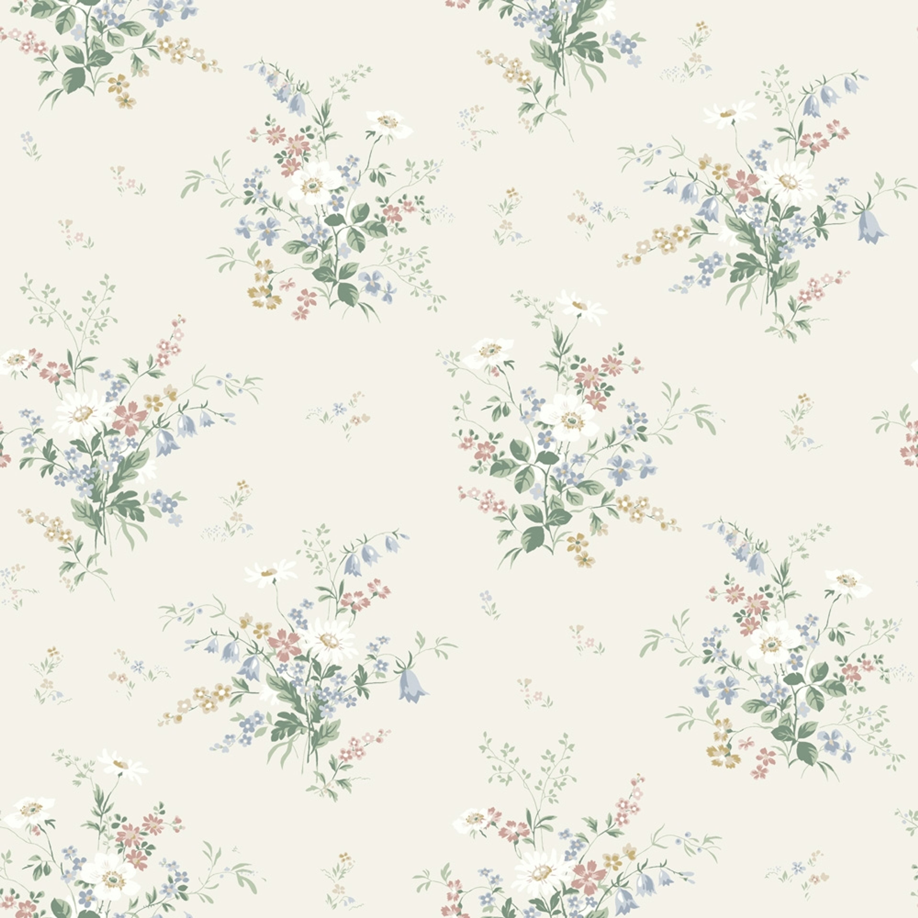 Olivia vit, tapet tapet med blommigt mönster i vit. Från kollektionen Sommaräng. Nonwoven-material med rak passning.