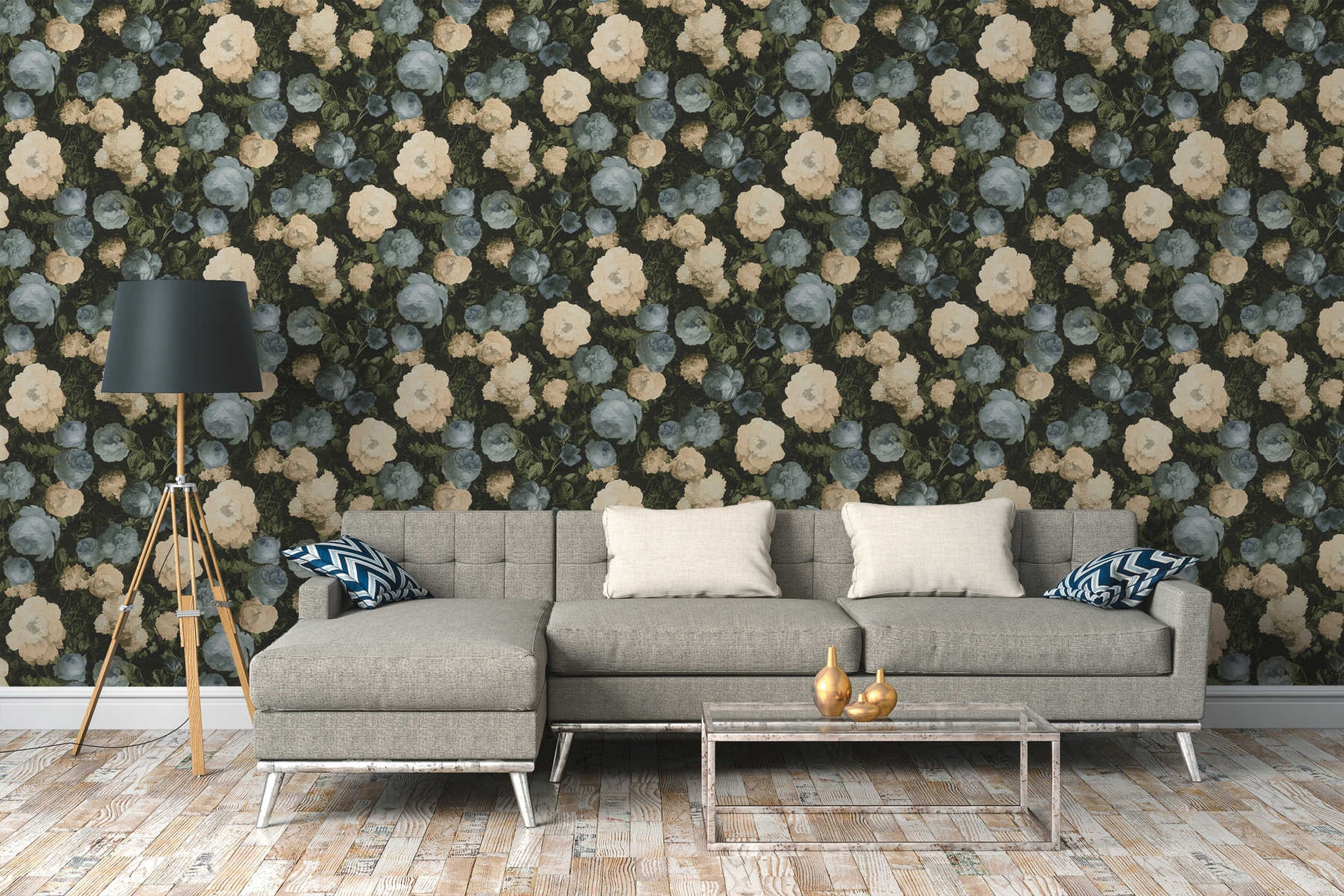 Flower, strukturtapet i grön och blå tapet med blommigt mönster i grön. Från kollektionen history of art. Nonwoven-material med förskjuten passning. Passar i vardagsrum och matsal.