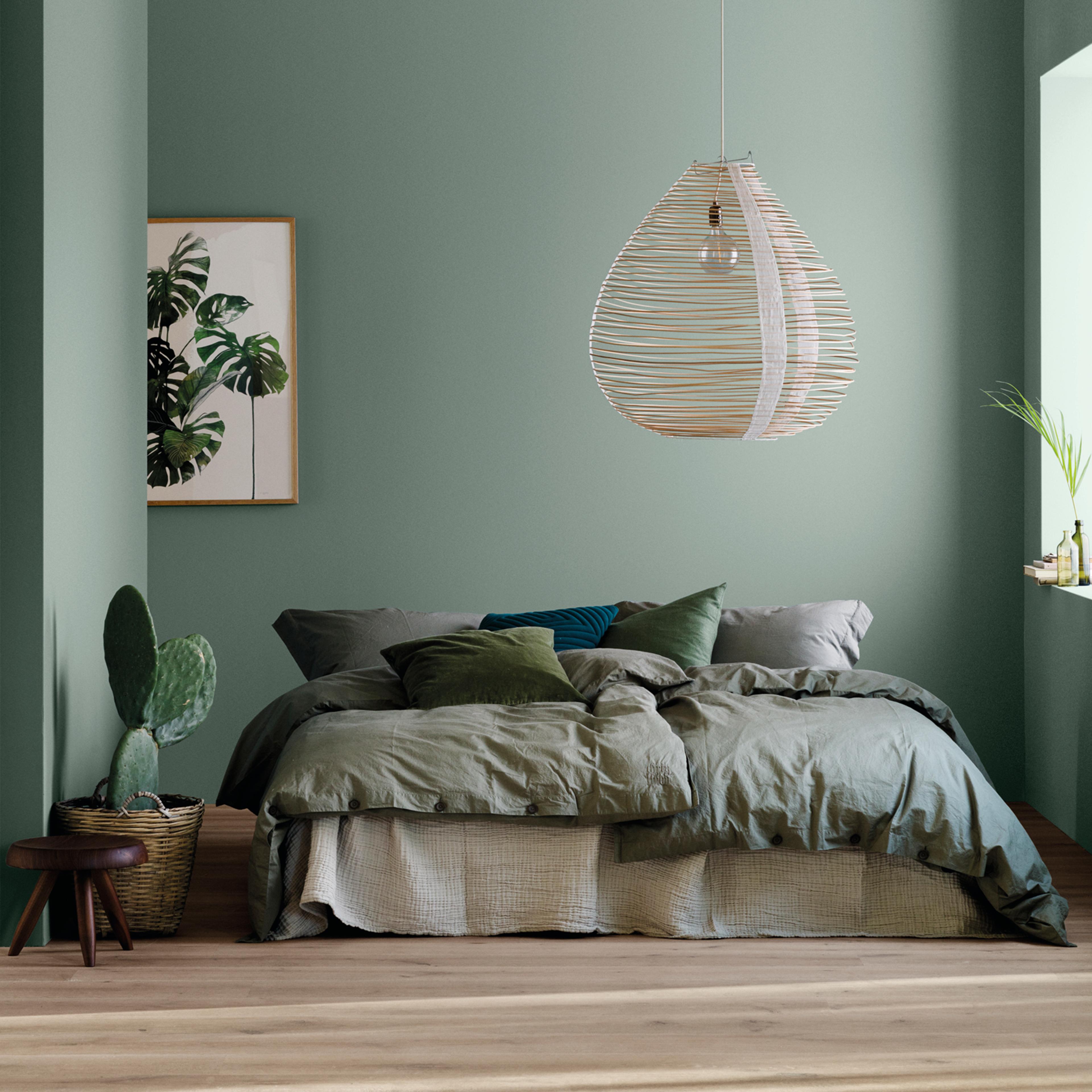 A bedroom with sage green walls, an olive green bed, a large cactus, and a wicker pendant lamp.