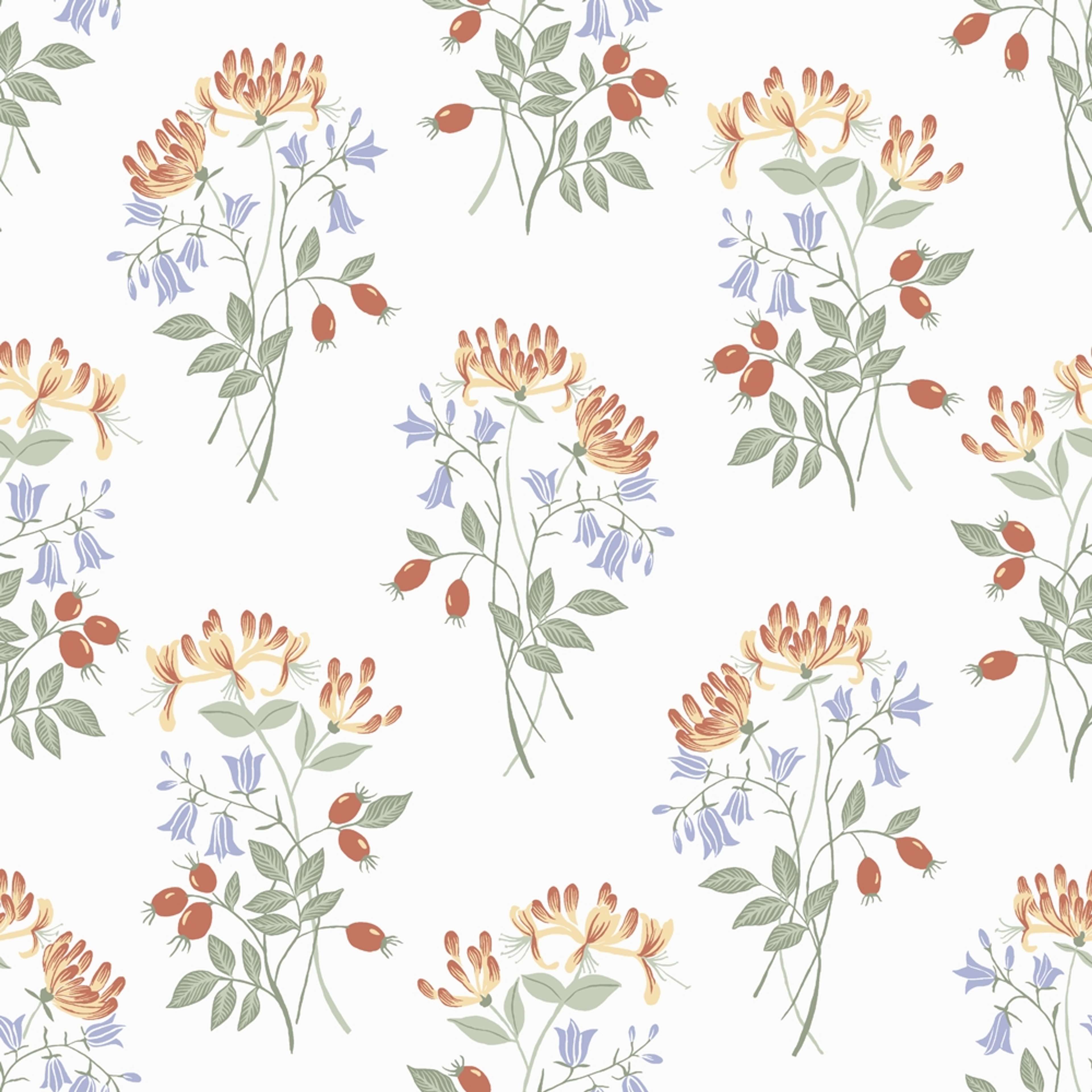 Kaprifol, vit tapet tapet med blommigt mönster i vit. Från kollektionen Långenäs. Nonwoven-material med rak passning.