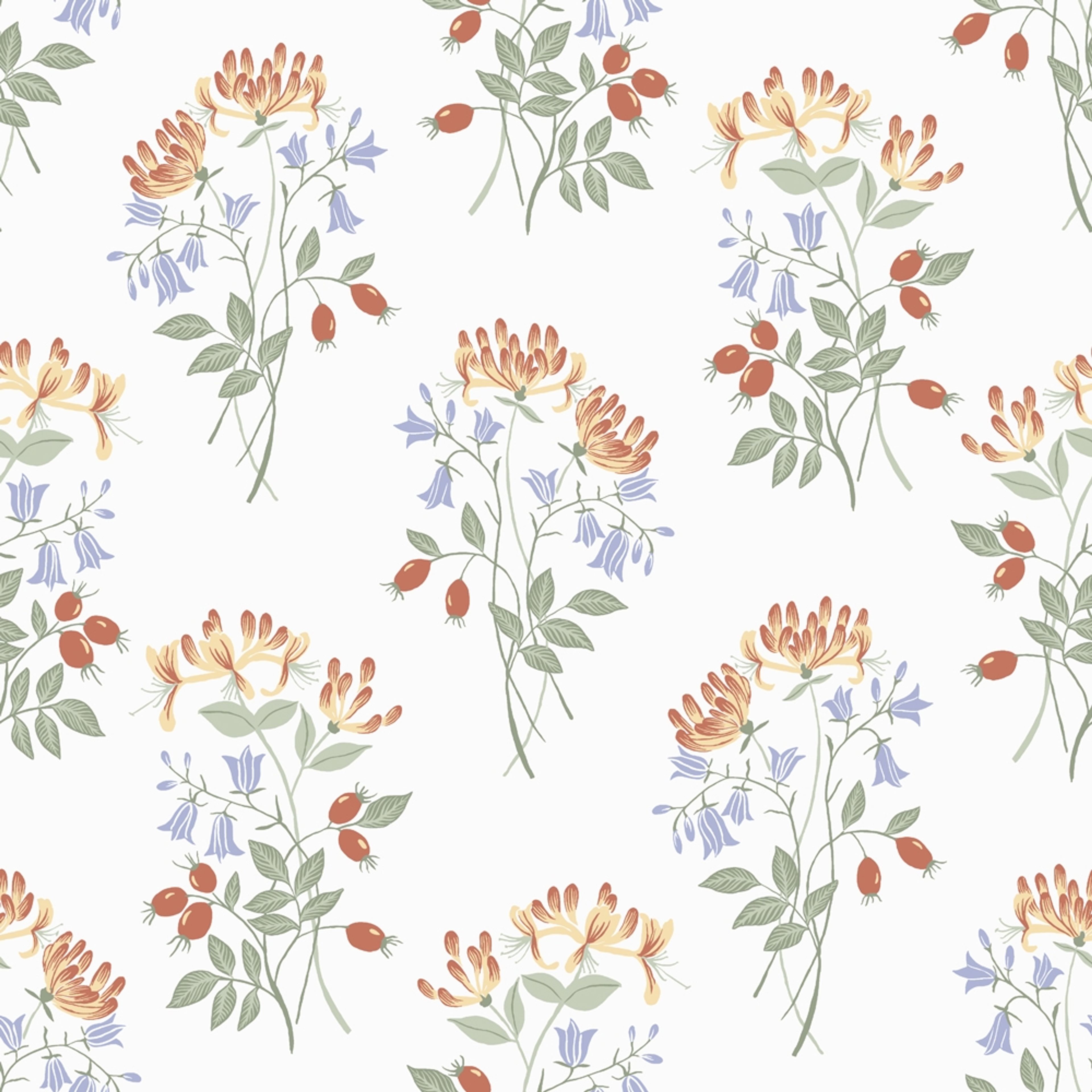 Kaprifol, vit tapet tapet med blommigt mönster i vit. Från kollektionen Långenäs. Nonwoven-material med rak passning.